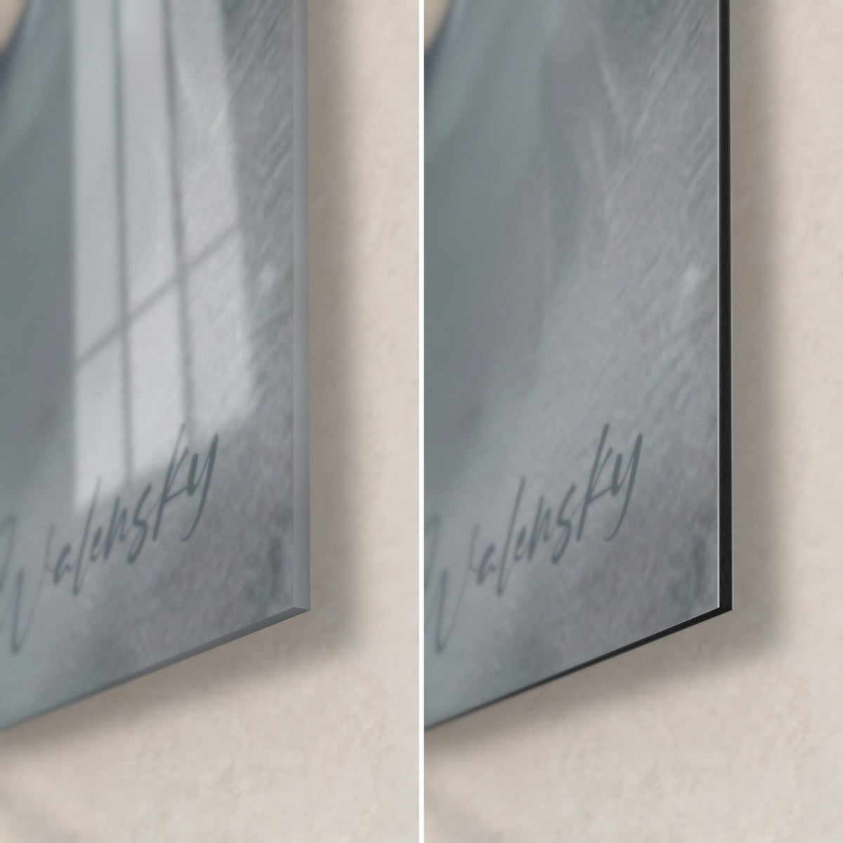 Wall art of a sporting hunter in a blue jacket, bottom right corner: glossy acrylic glass on the left, matte grey Dibond aluminium on the right