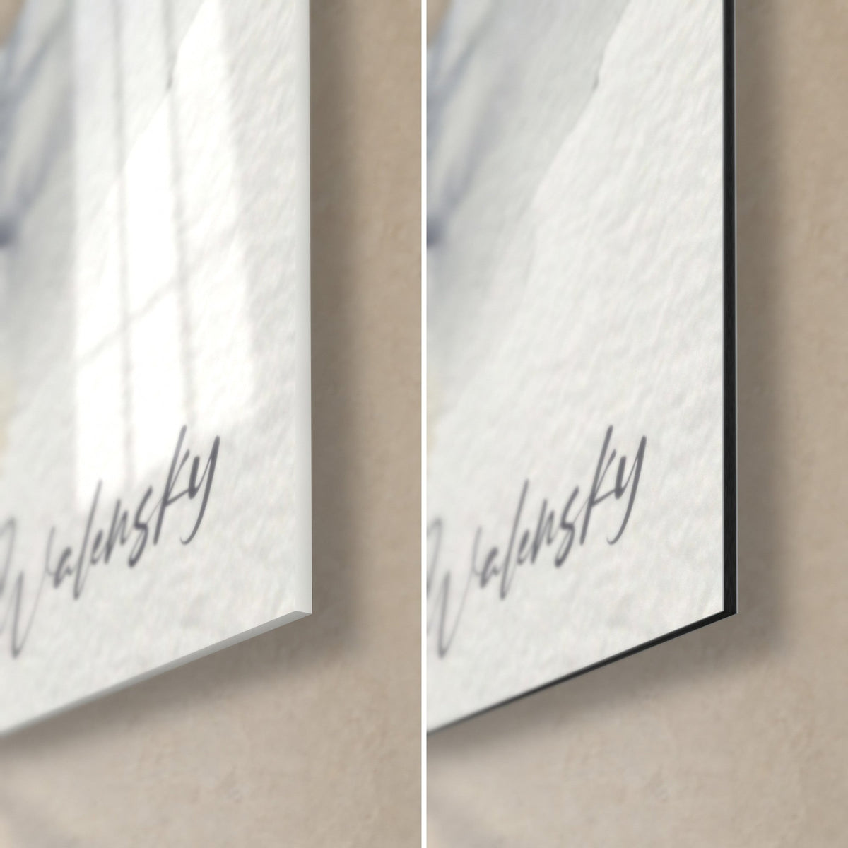 Wall art water skier watercolor, bottom right corner: glossy acrylic glass with reflections, matte black Dibond aluminium, 3 mm edge