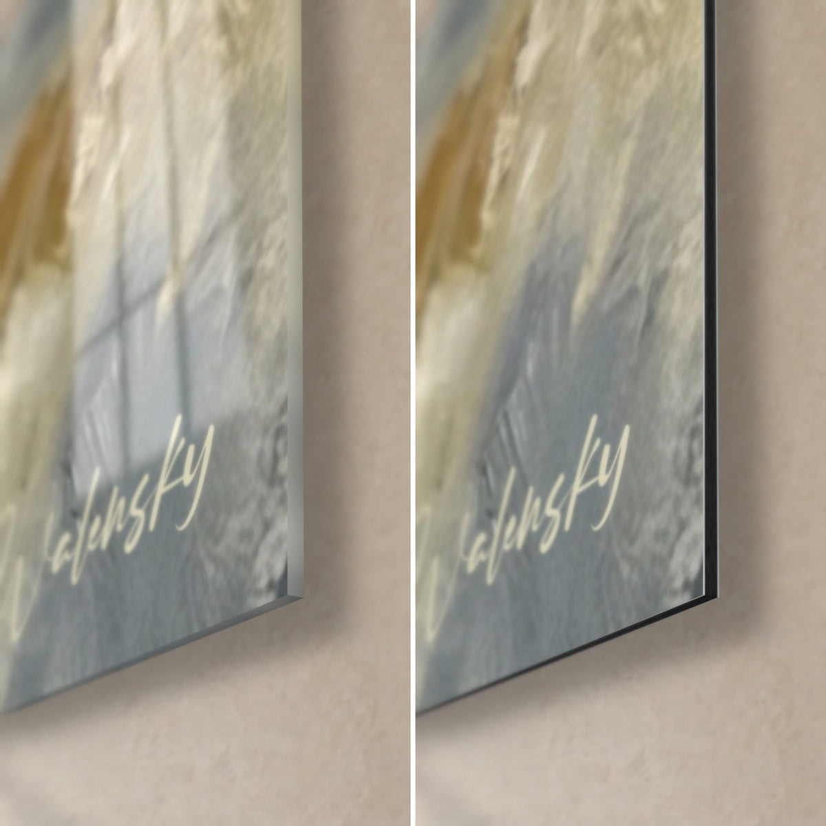 Gemälde Ozeansturm, untere rechte Ecke: glänzendes Acrylglas links, mattes Dibond-Aluminium rechts, 3 mm Kante, cremefarbener Schaum
