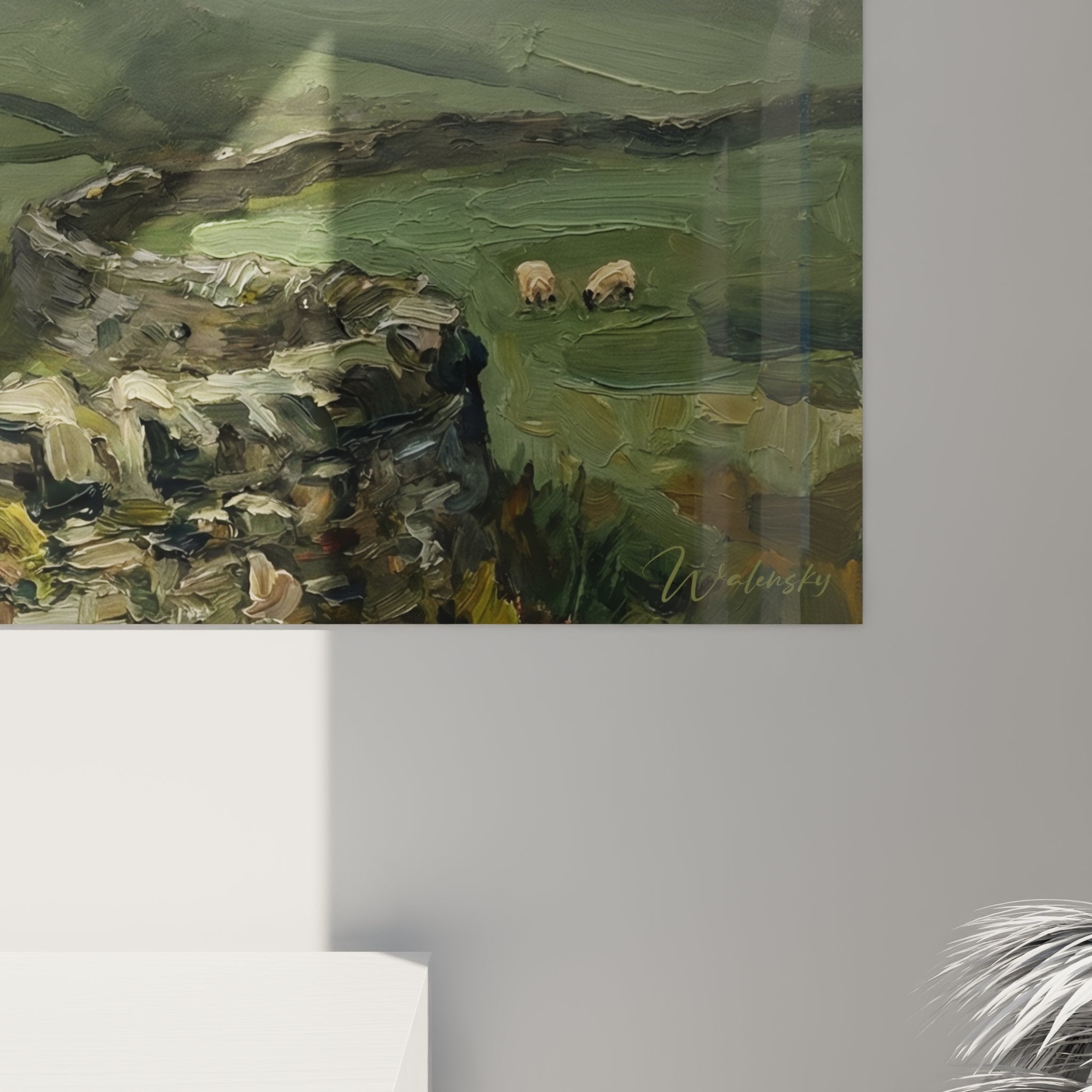 Full view of Scottish European Shorthair cat wall art on Highland stone wall