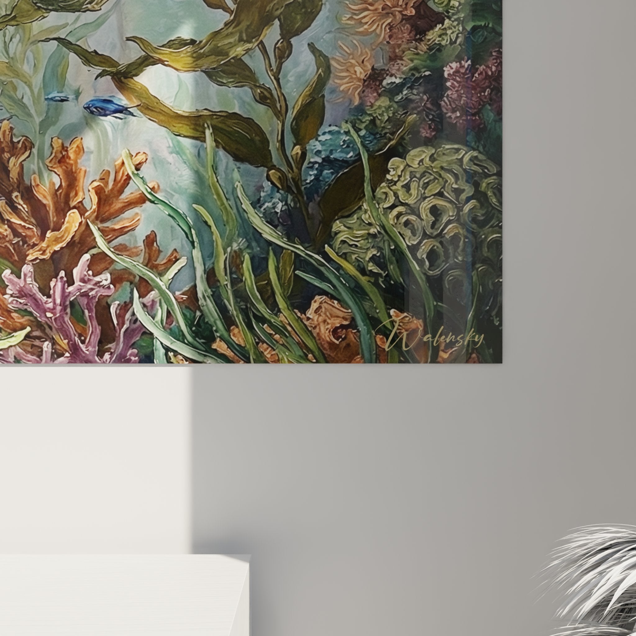 Überblick über das Korallenrifftableau im zeitgenösslichen Wohnzimmer, Unterwasser-Wandkunst