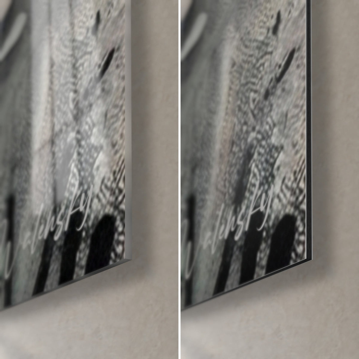 Tableau motard nautique en noir et gris, coin bas droit : verre acrylique brillant à gauche, Dibond mat à droite, tranche de 3 mm
