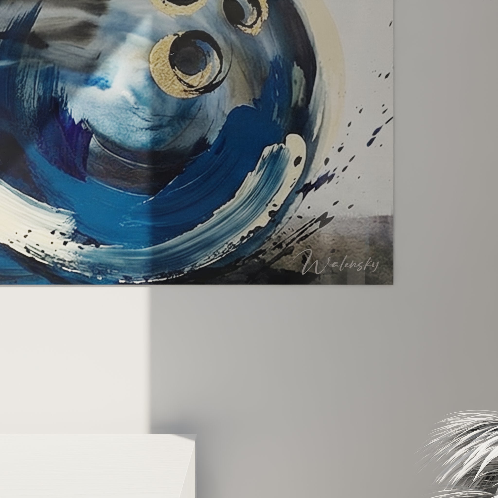 Overview of abstract bowling painting in modern living room, contemporary sport wall decoration