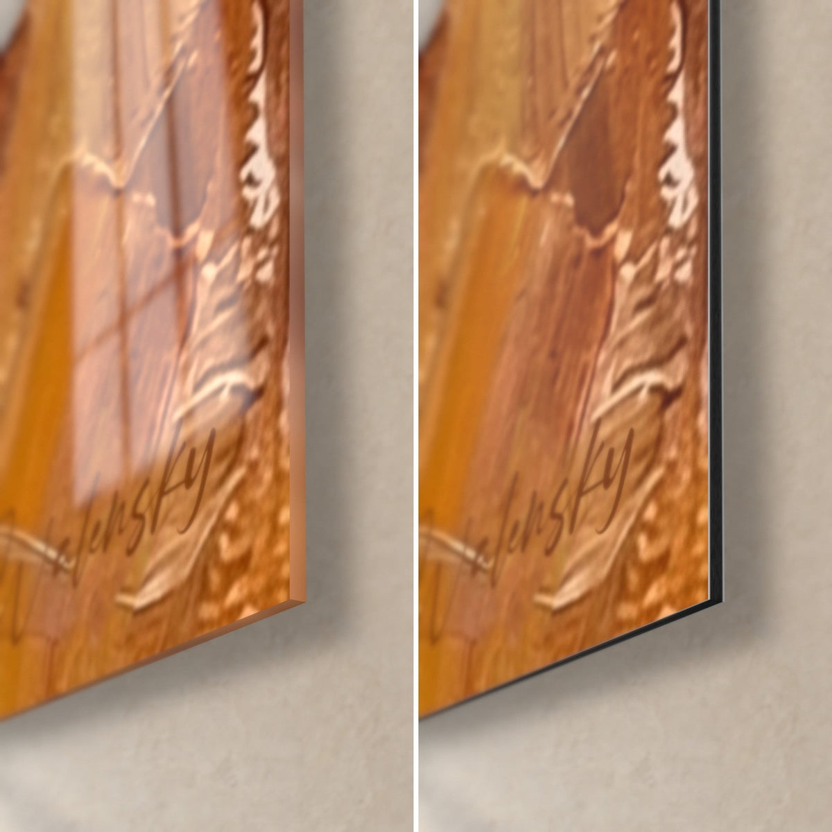 Schilderij kattenogen in goud, rechtsonder: glanzend acrylglas links, mat Dibond-aluminium rechts, rand van 3 mm