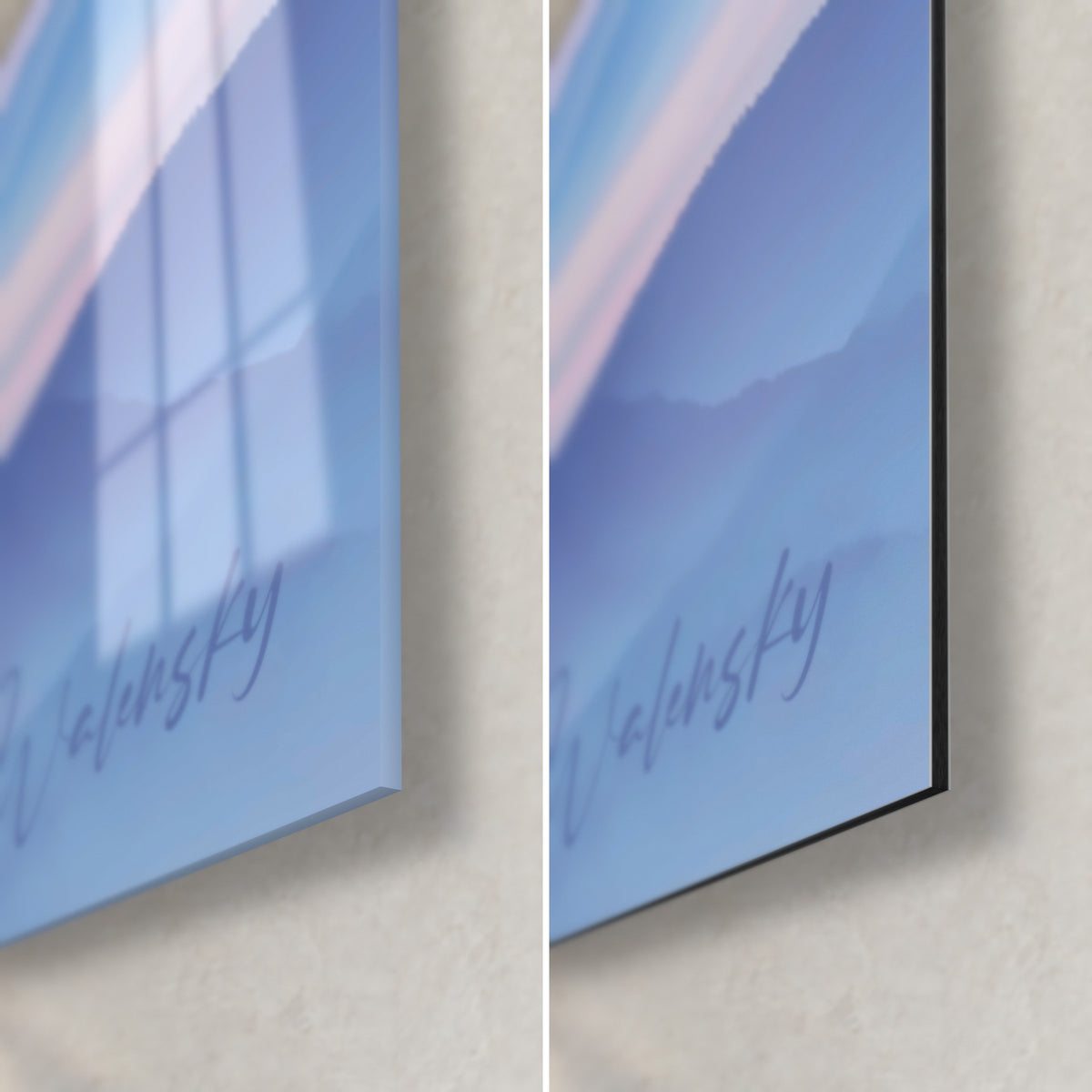 Wall art of lavender-blue misty mountains, bottom right corner: glossy glass on the left, matte black Dibond on the right, 3 mm edge