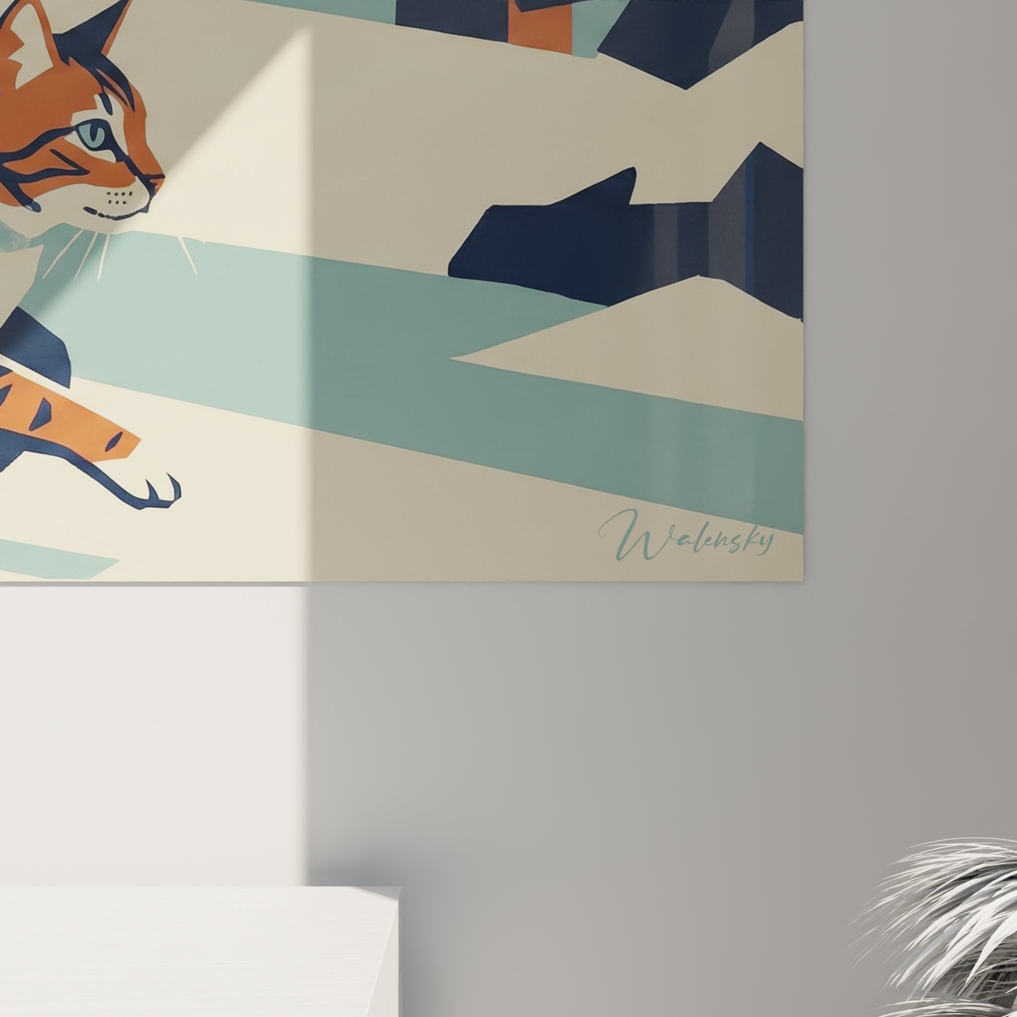 Vue ensemble tableau mural chat American Bobtail sprint geometrique decoration interieur moderne