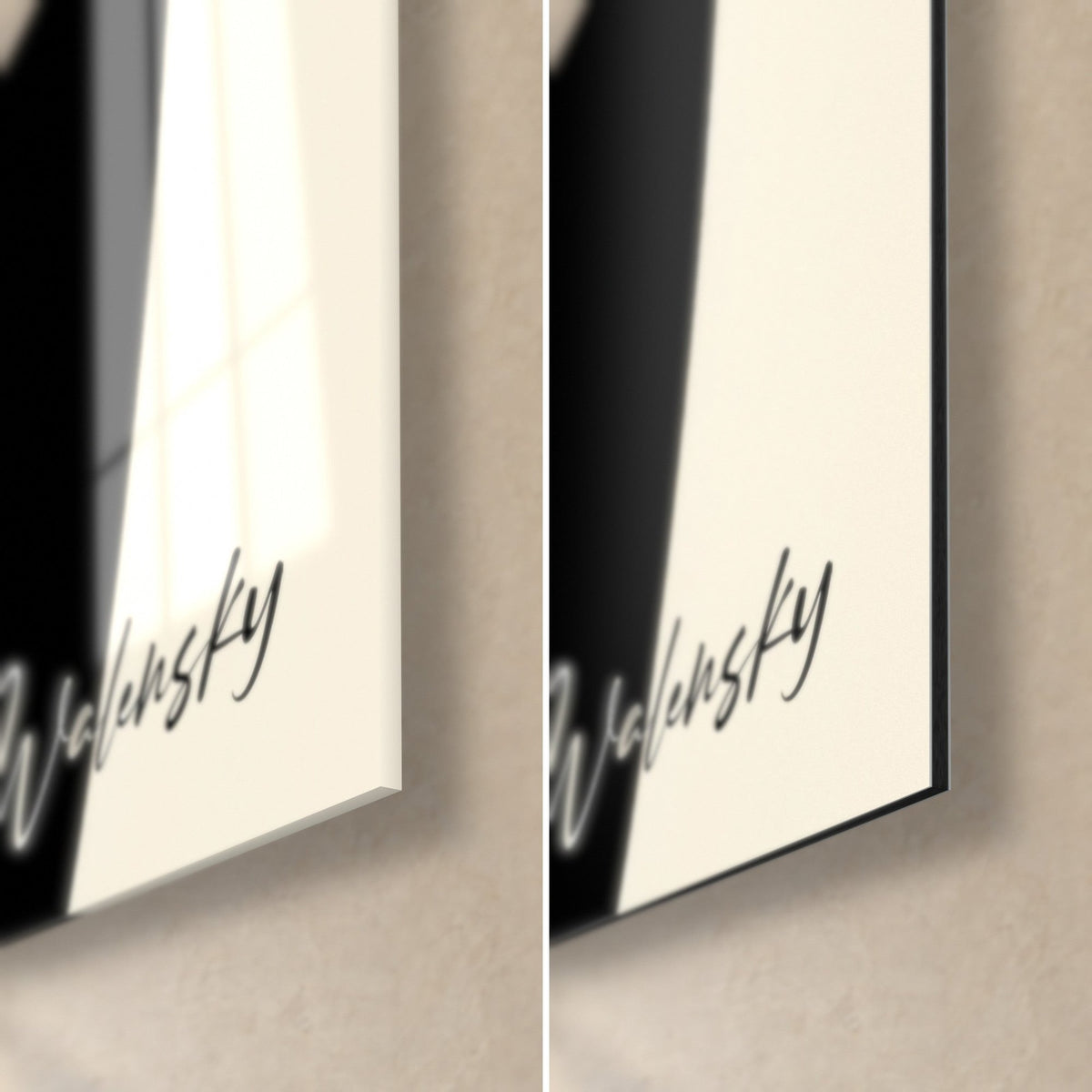 Tableau portrait géométrique noir et crème, coin bas droit en verre brillant et Dibond mat, signature Walensky, tranche 3 mm