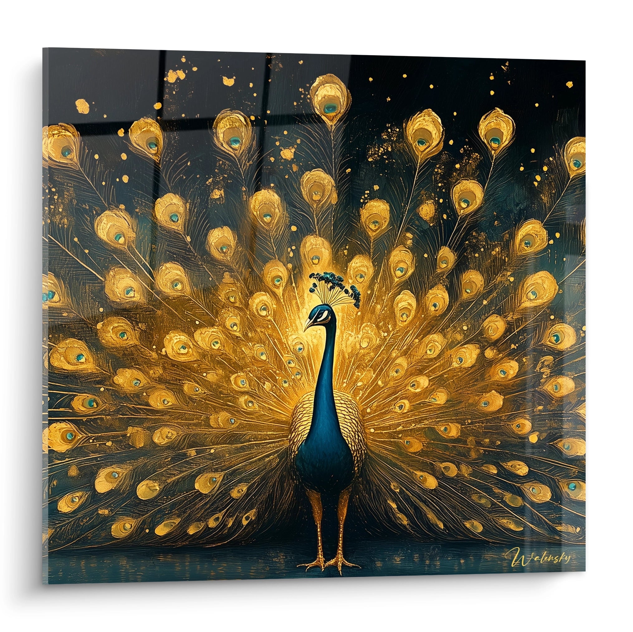 Tableau paon Walensky avec plumes dorées éclatantes sur fond sombre décoratif