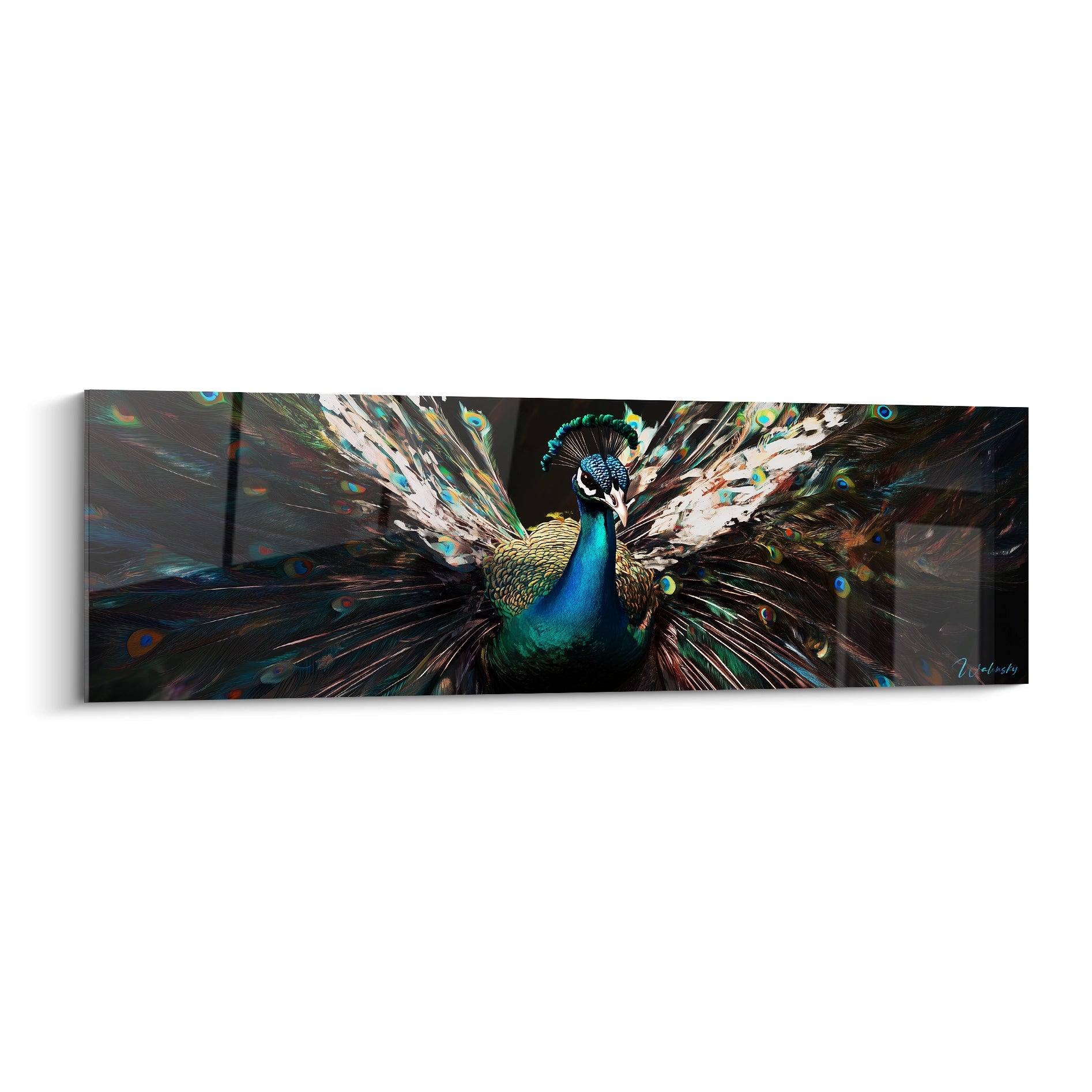 Tableau paon Walensky avec image d'un paon aux plumes déployées aux couleurs vives et éclatantes