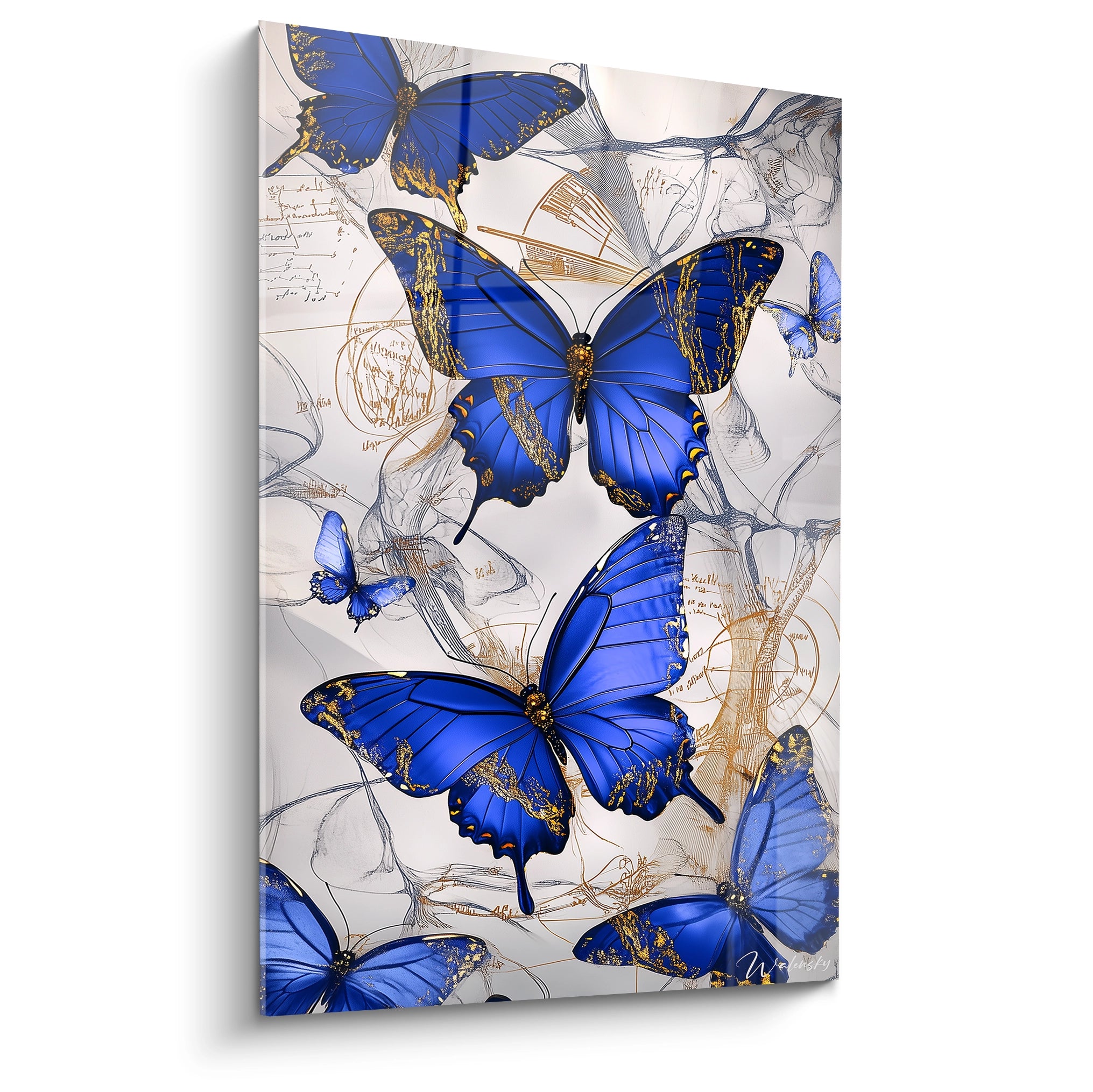 Tableau papillon Walensky avec papillons bleus élégants et détails dorés sur fond beige artistique