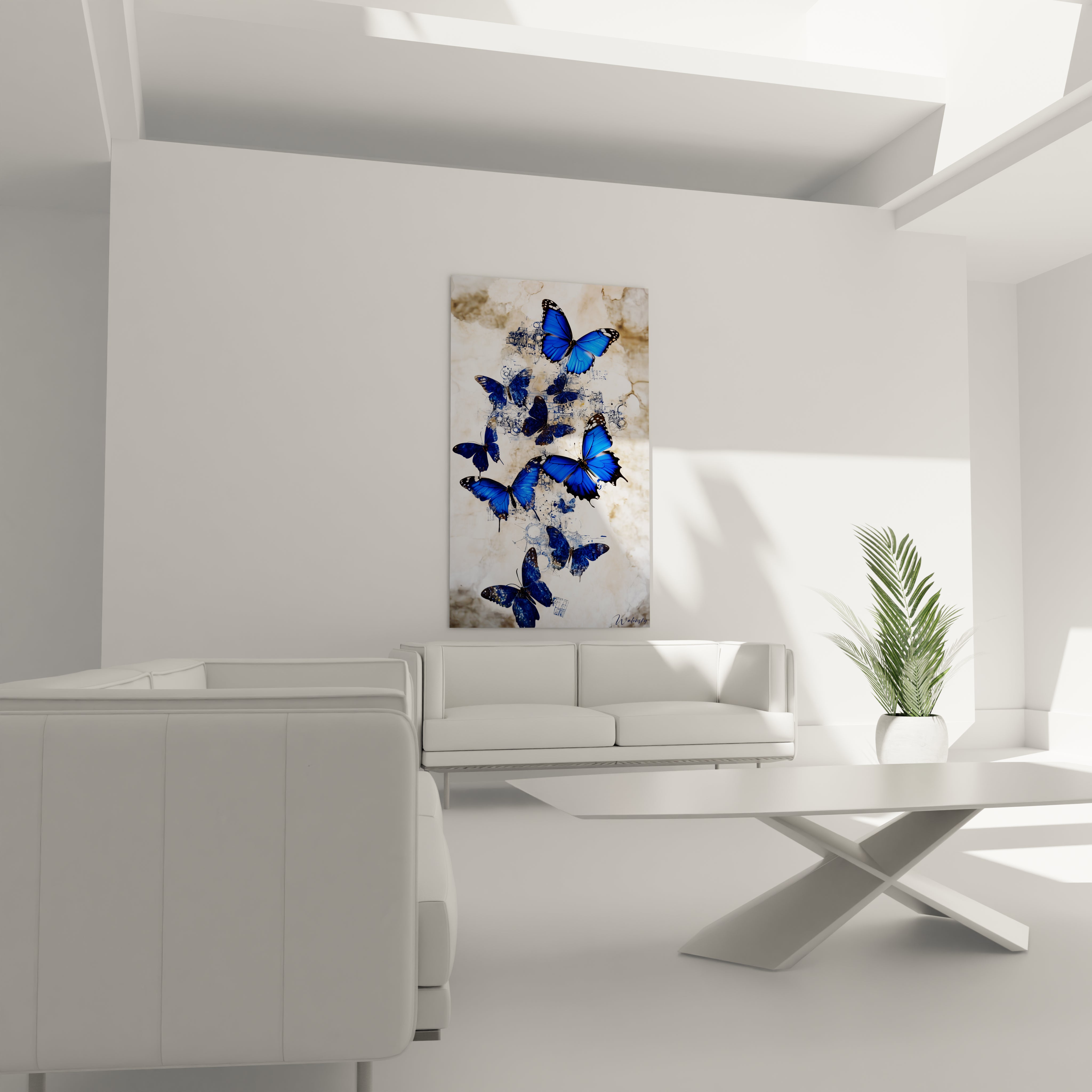 Tableau papillon Walensky avec papillons bleus sur fond clair accroché dans salon moderne