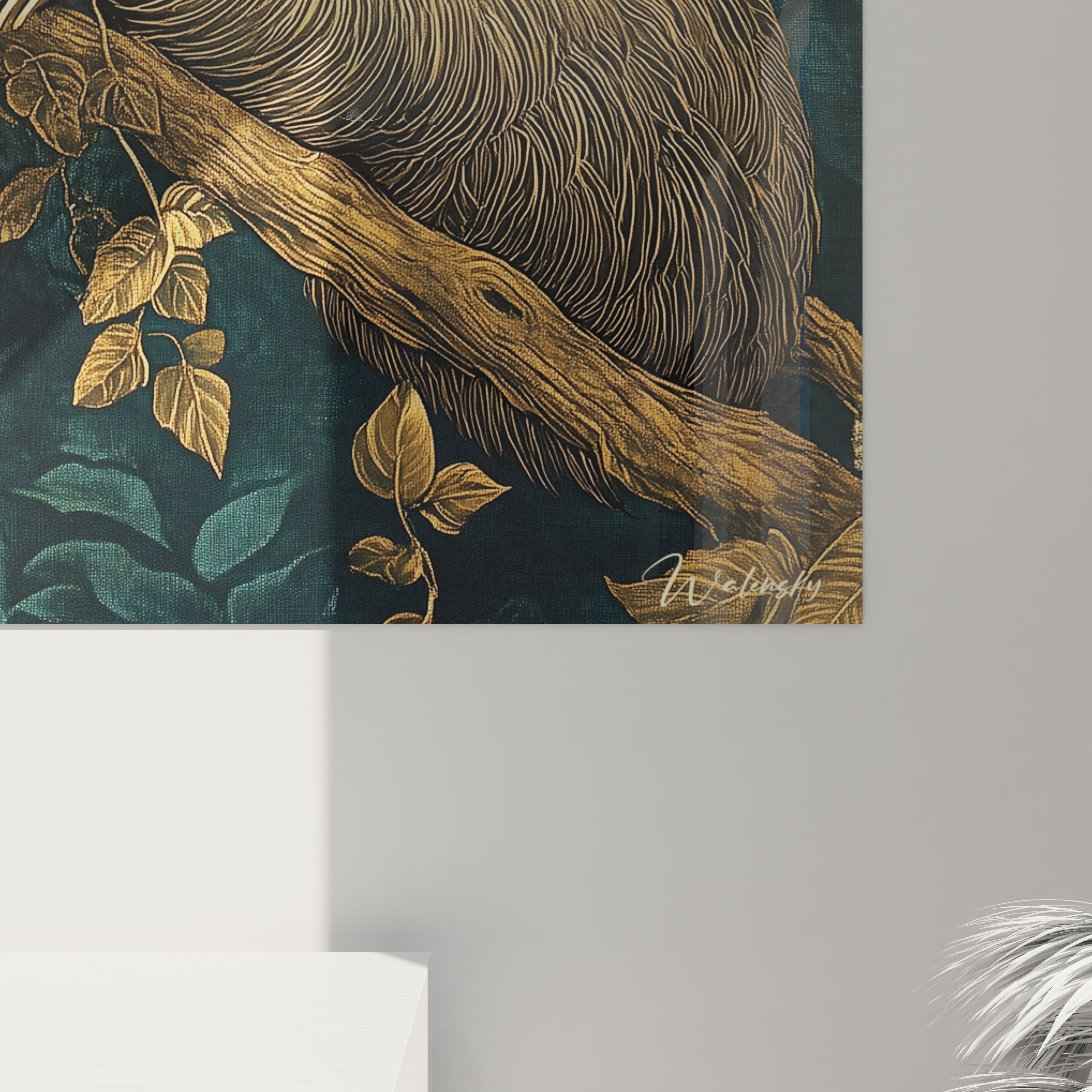 Tableau paresseux Walensky avec design doré et vert de paresseux sur branche en décoration murale