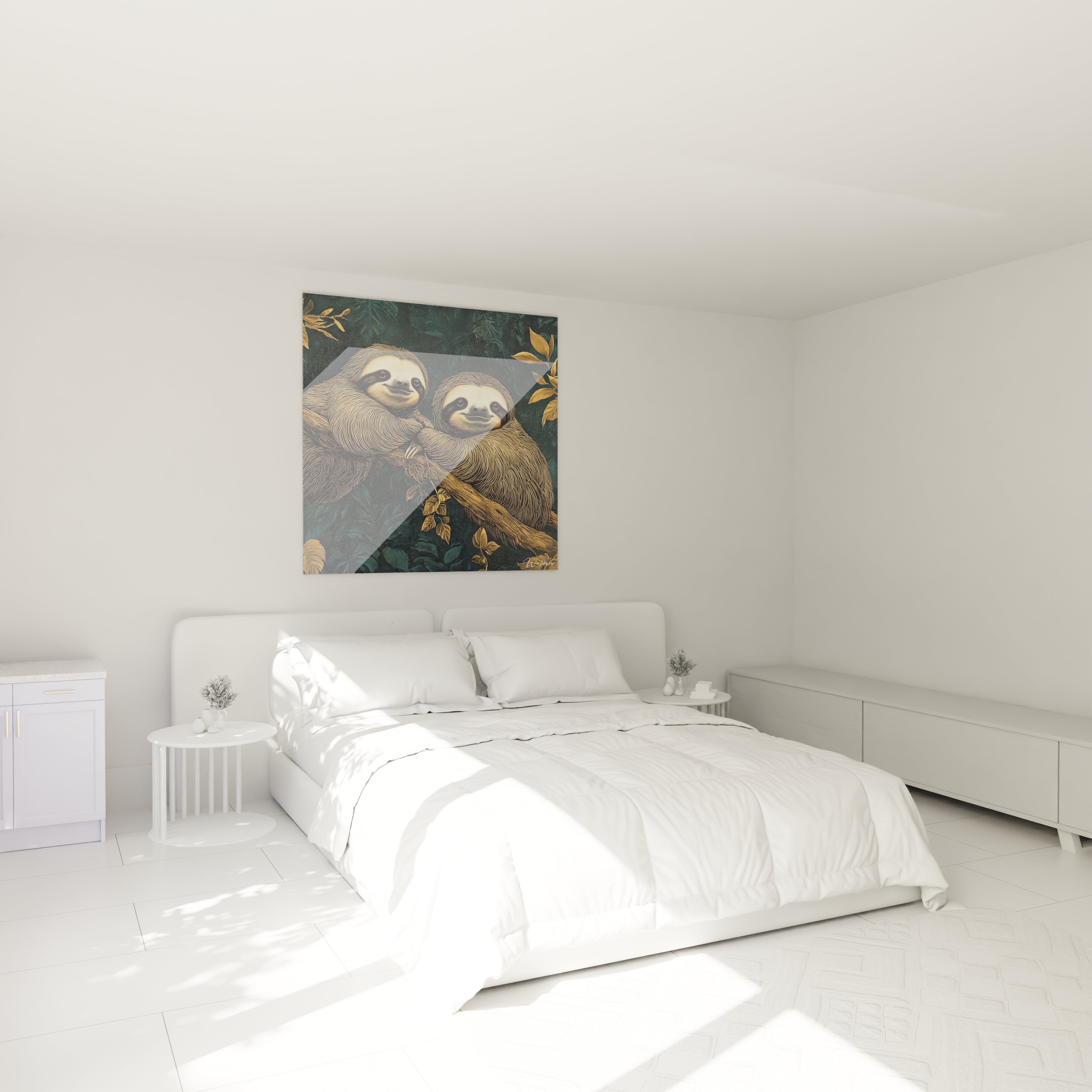 Tableau paresseux Walensky avec deux paresseux sur un arbre décorant une chambre minimaliste blanche