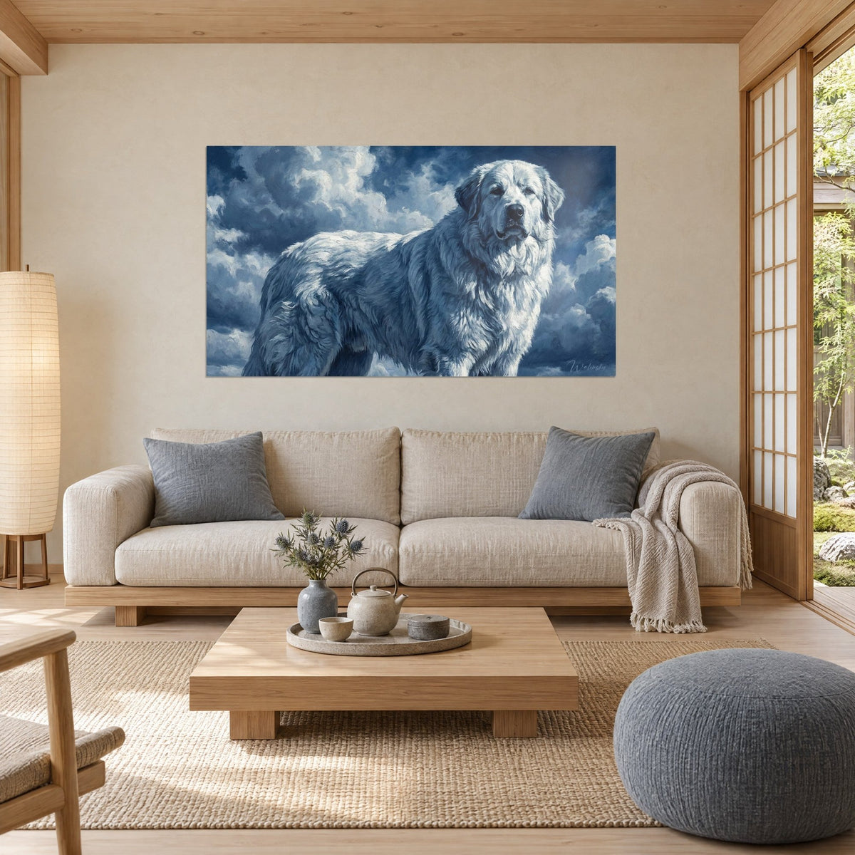 Wall art Pyrenean Mastiff with white coat against a midnight blue cloudscape, proud gaze, above a sofa in a bright living room