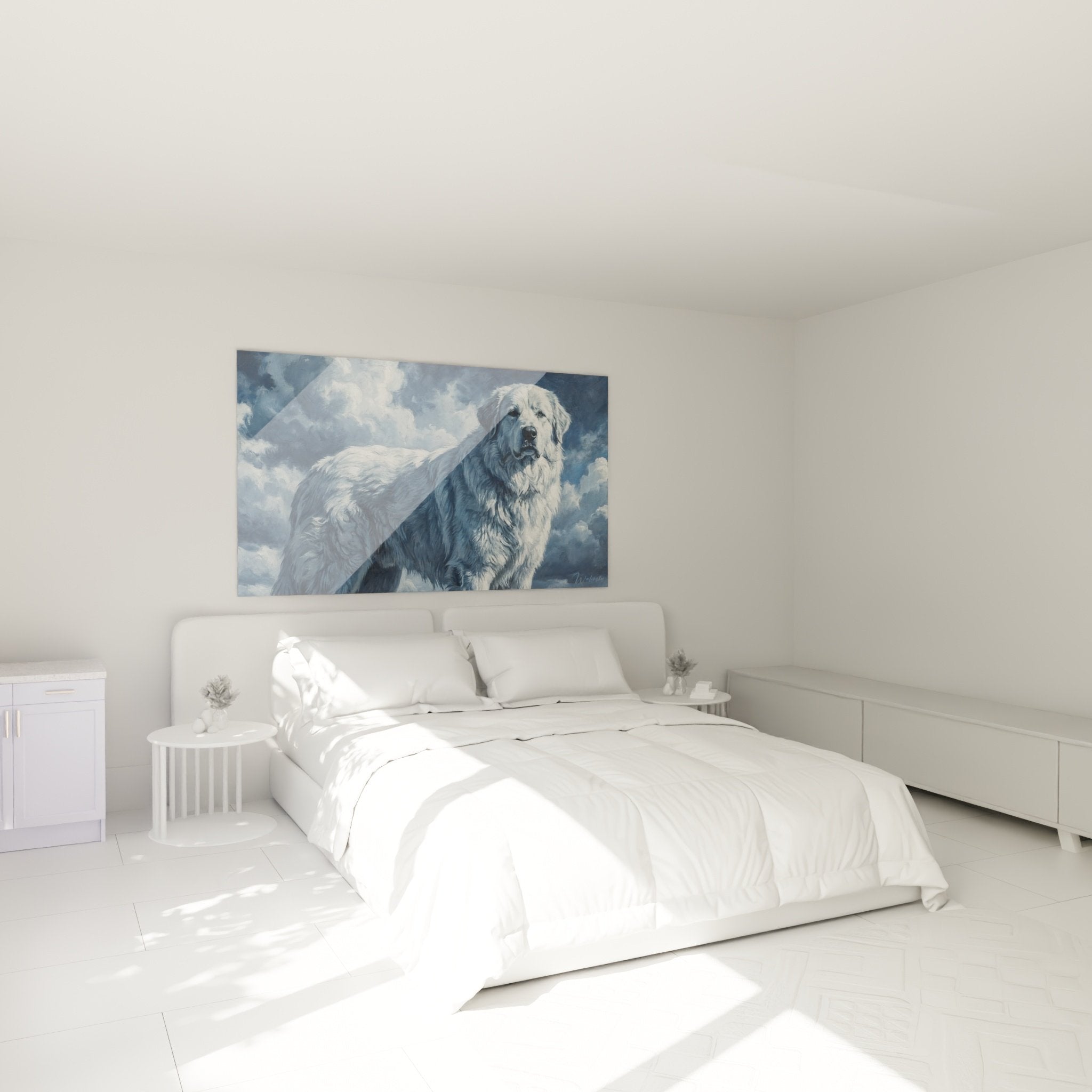 Tableau Patou Pyrénées décorant chambre moderne, chien montagne sur mur blanc, décoration authentique