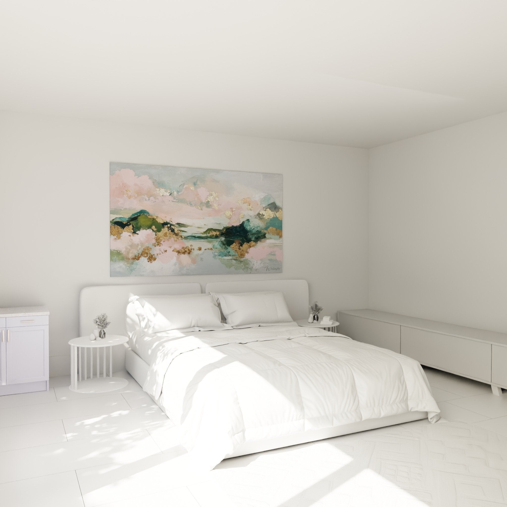 Paysage abstrait rose turquoise or dans chambre moderne decoration feng shui