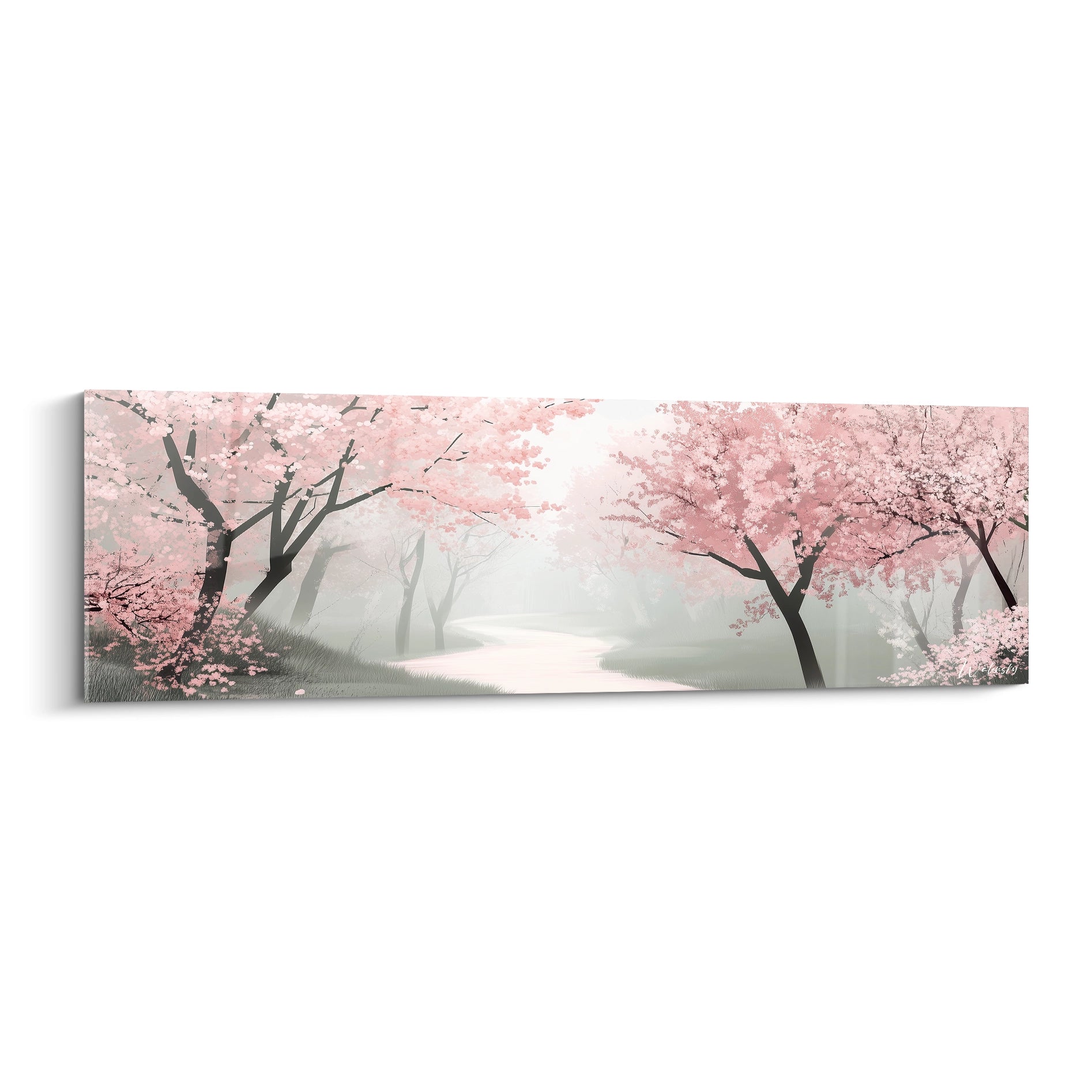 Tableau forêt Walensky avec arbres en fleurs roses et chemin brumeux pour décoration murale
