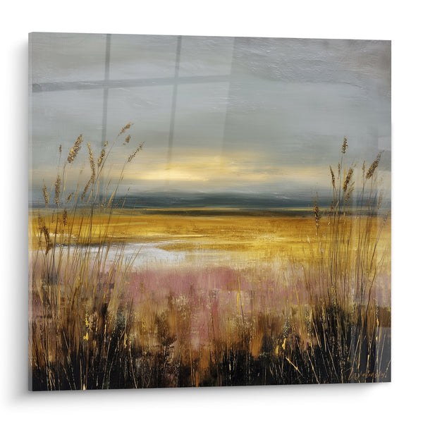 Tableau paysage marécageux aux tons dorés et bruns avec graminées sauvages - Lumière d'automne - Edition Graminées