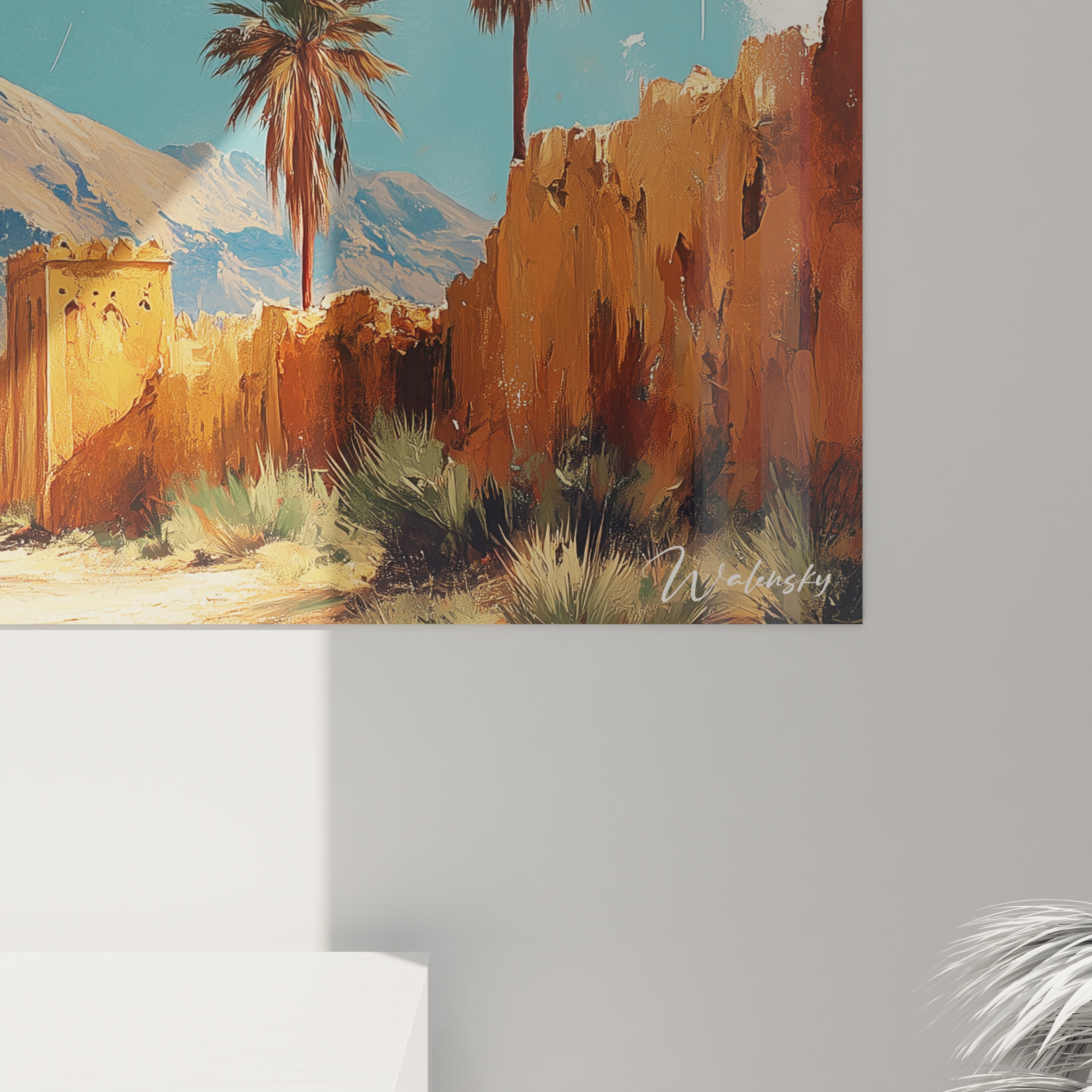 Tableau Egypte mural par Walensky représentant un paysage désertique avec palmiers et ruines anciennes