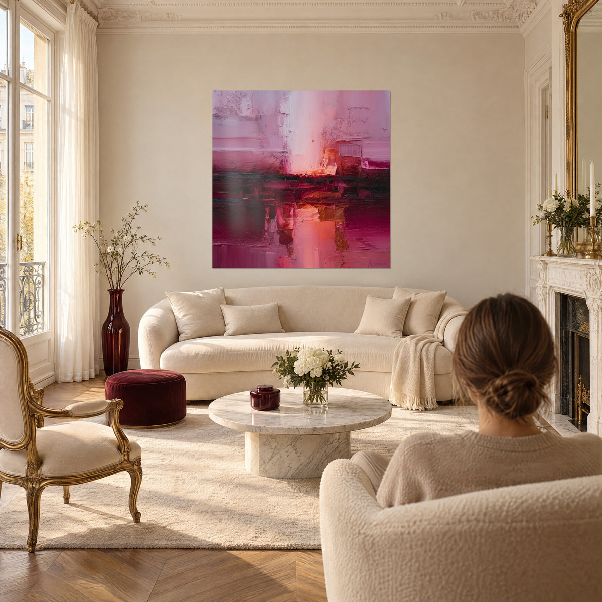 Schilderij abstract poederroze en bordeauxrood met dikke impasto, oranje gloed in het midden, boven een bank in een lichte woonkamer