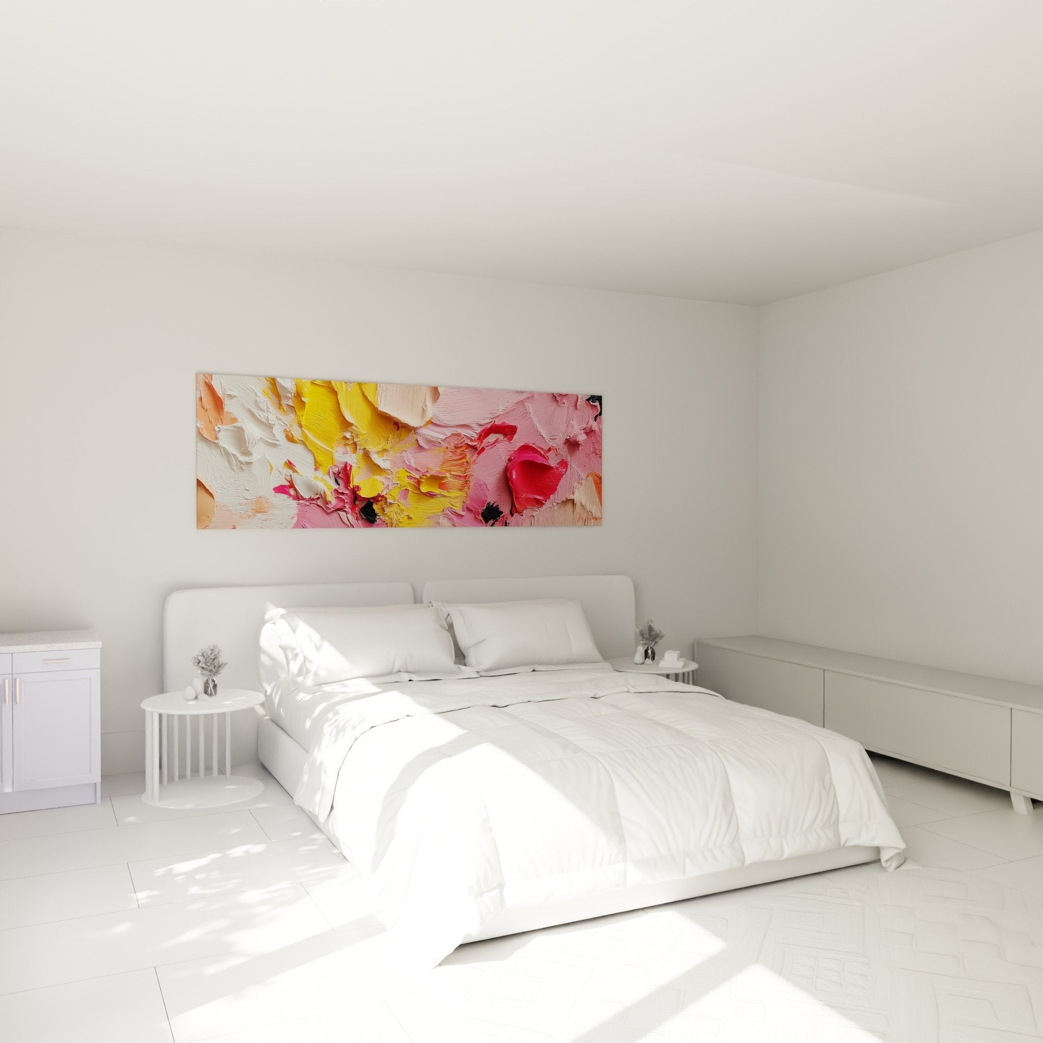 Abstract pink yellow orange painting above bed bedroom wall decoration feng shui southwest earth