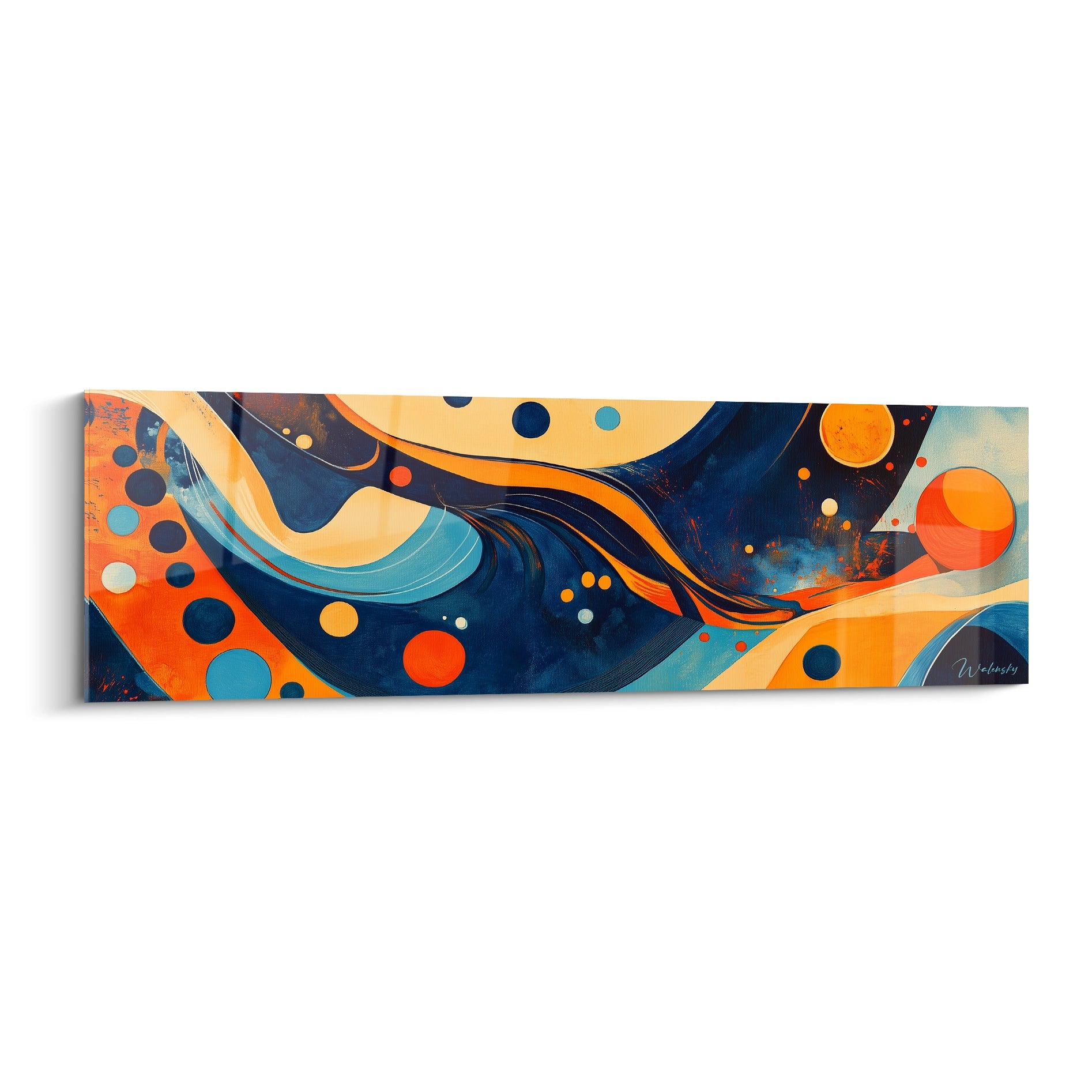Tableau géométrique abstrait de Walensky avec des vagues et des cercles colorés sur fond bleu