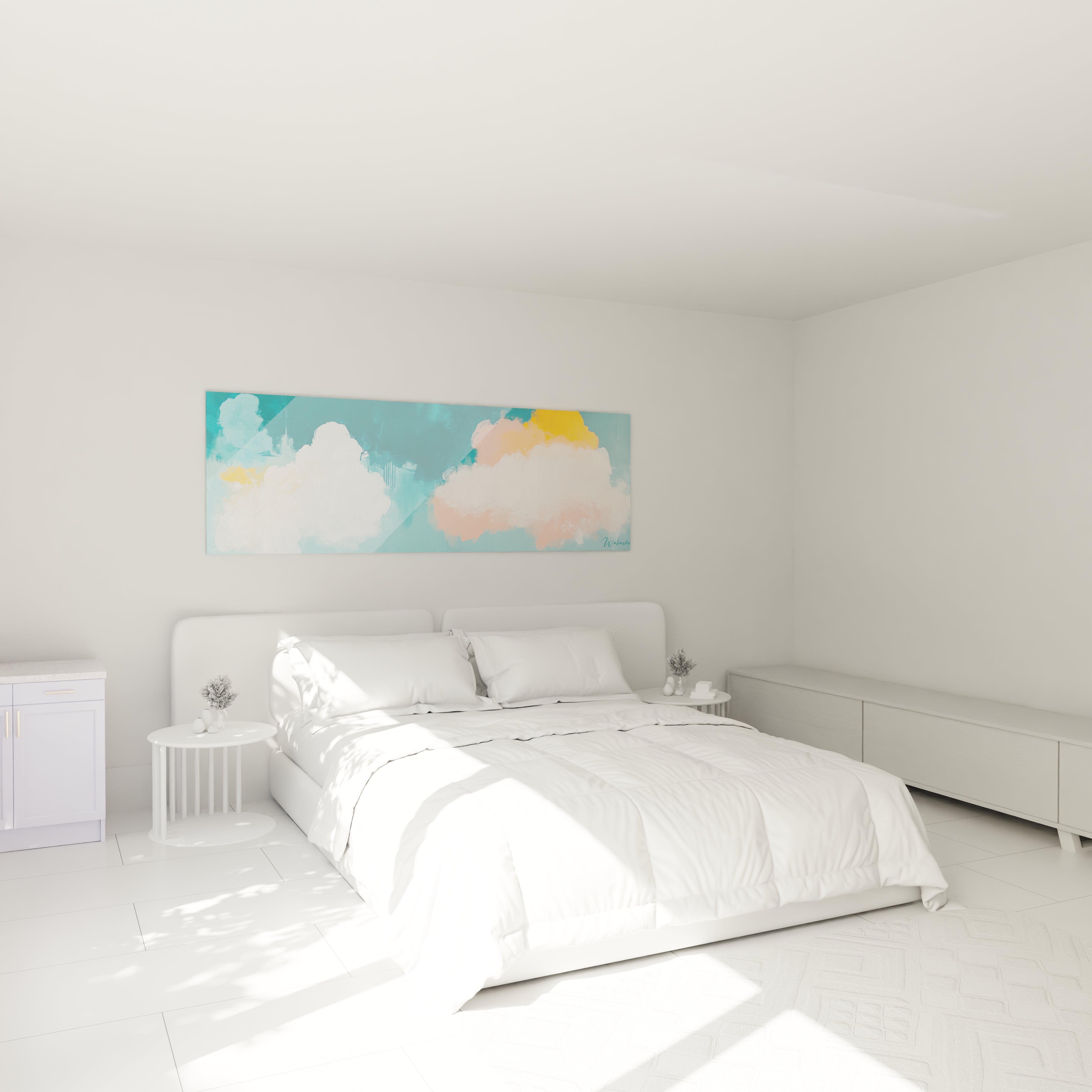 Tableau peinture abstrait Walensky représentant des nuages colorés au-dessus d'un lit dans une chambre moderne