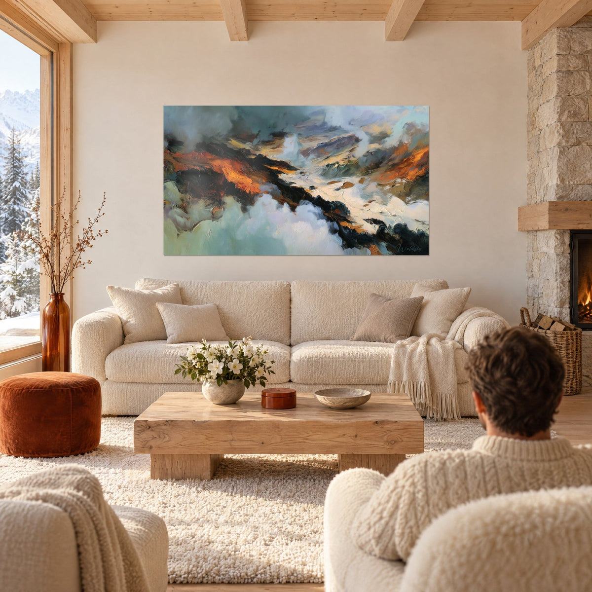 Schilderij vulkanisch landschap met feloranje lavastromen tussen turquoise nevel, boven een bank in een lichte woonkamer gehangen