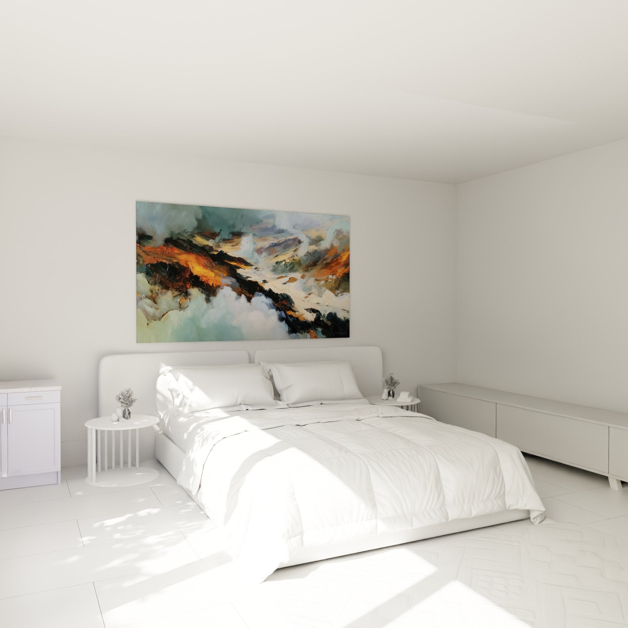 Abstract orange turquoise painting bedroom ambiance wall decoration feng shui