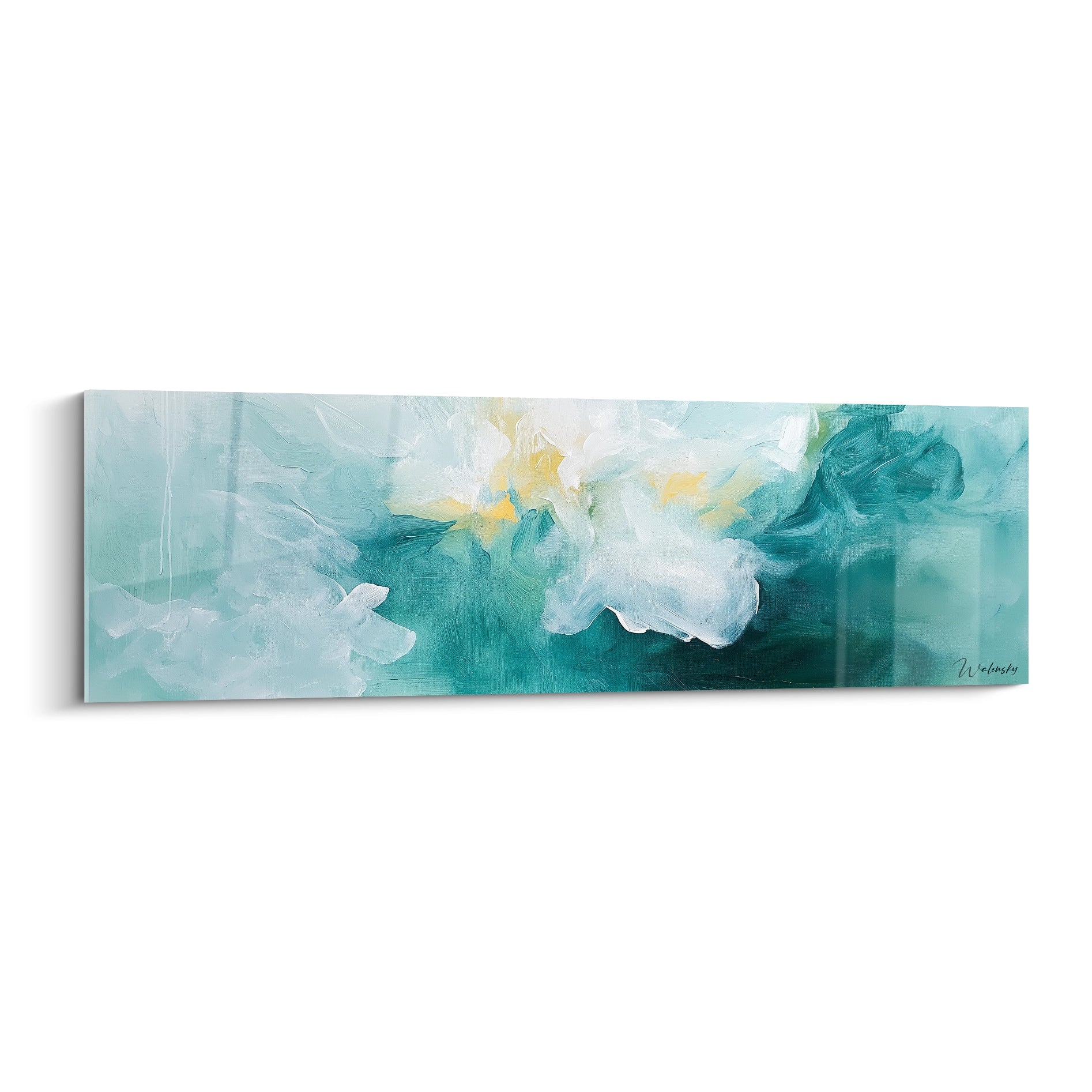 Tableau moderne abstrait en teintes turquoise et blanche de Walensky pour décoration intérieure