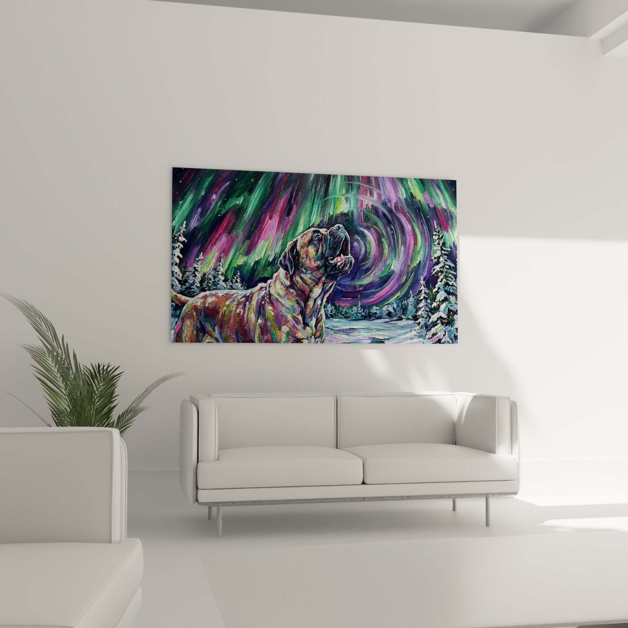 Nahaufnahme Bullmastiff-Gemälde mit psychedelischen rosa-, grün- und violetttönen im zeitgenössischen expressionistischen Stil