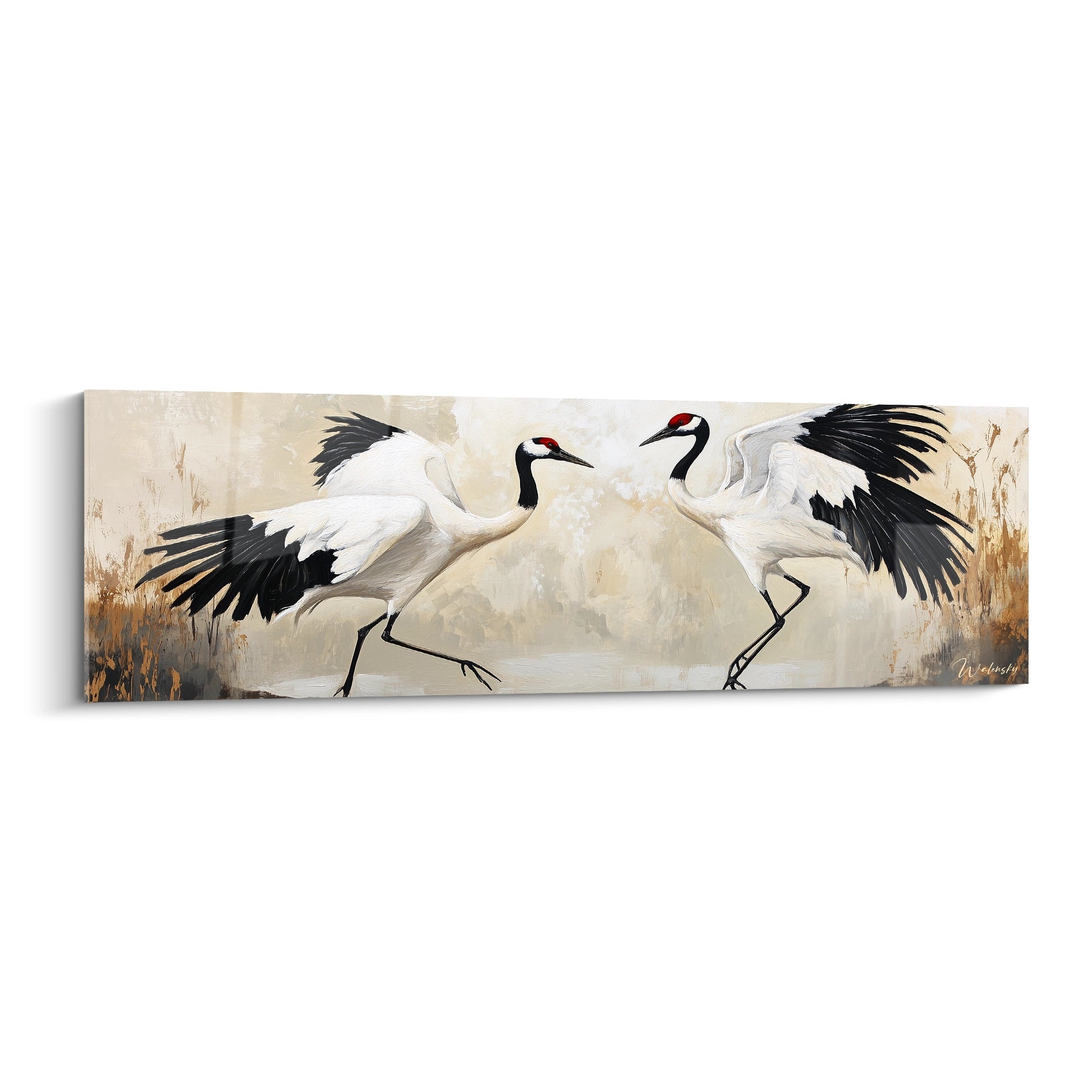 Tableau grue Walensky représentant deux grues blanches et noires au plumage déployé face à face