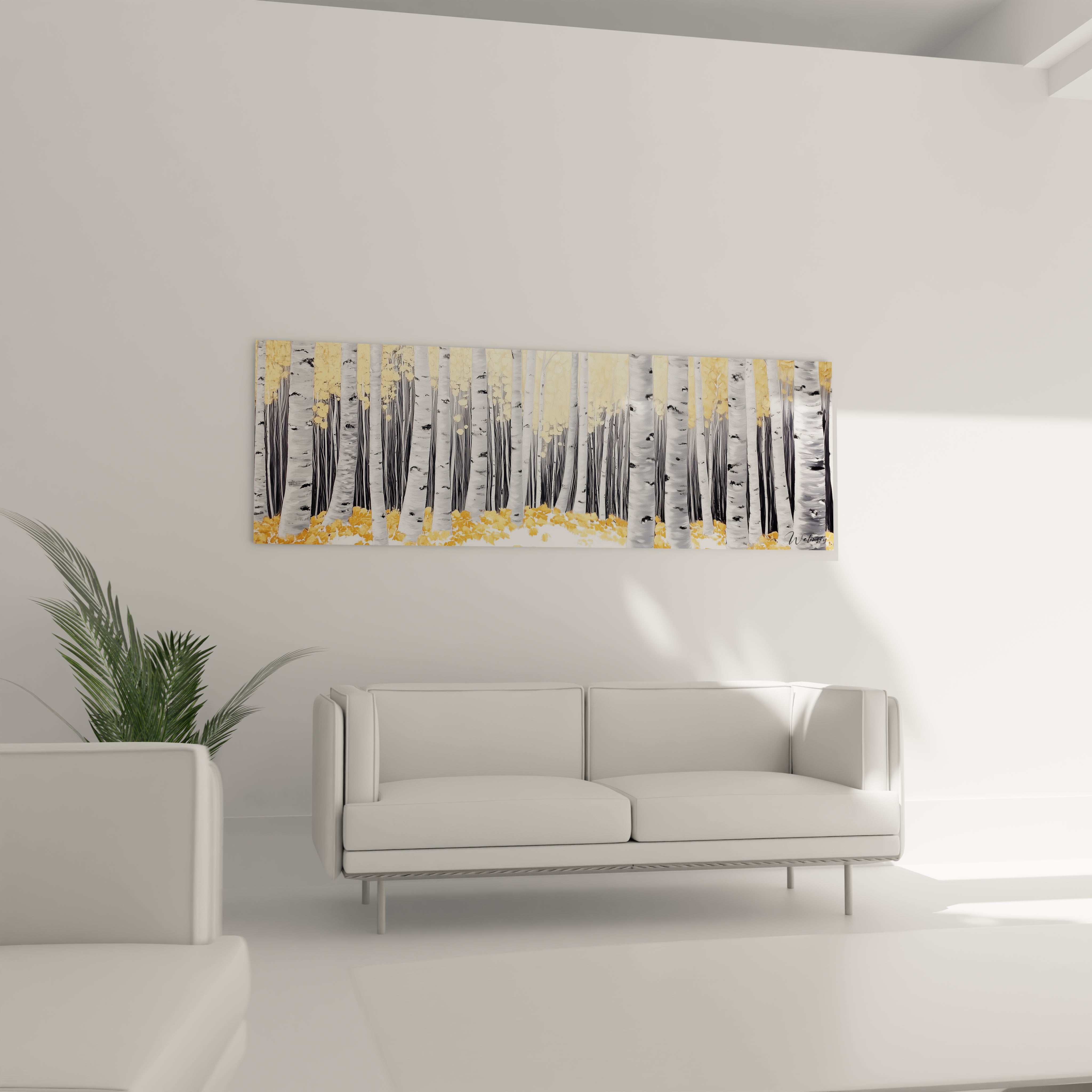 Tableau forêt Walensky avec arbres blancs et feuilles dorées accroché au-dessus d'un canapé blanc moderne