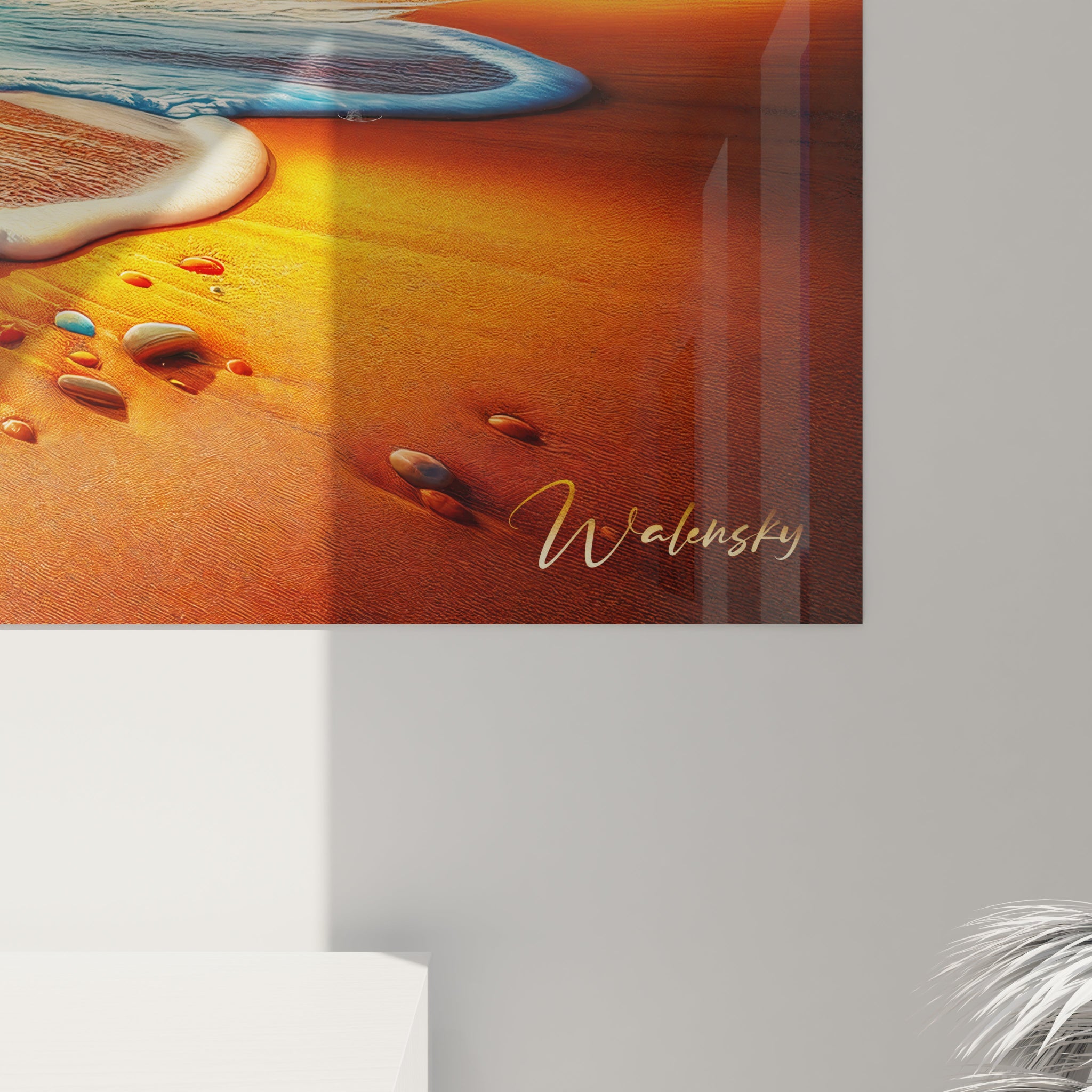 Tableau mural paysage de plage par Walensky avec des vagues et des galets colorés