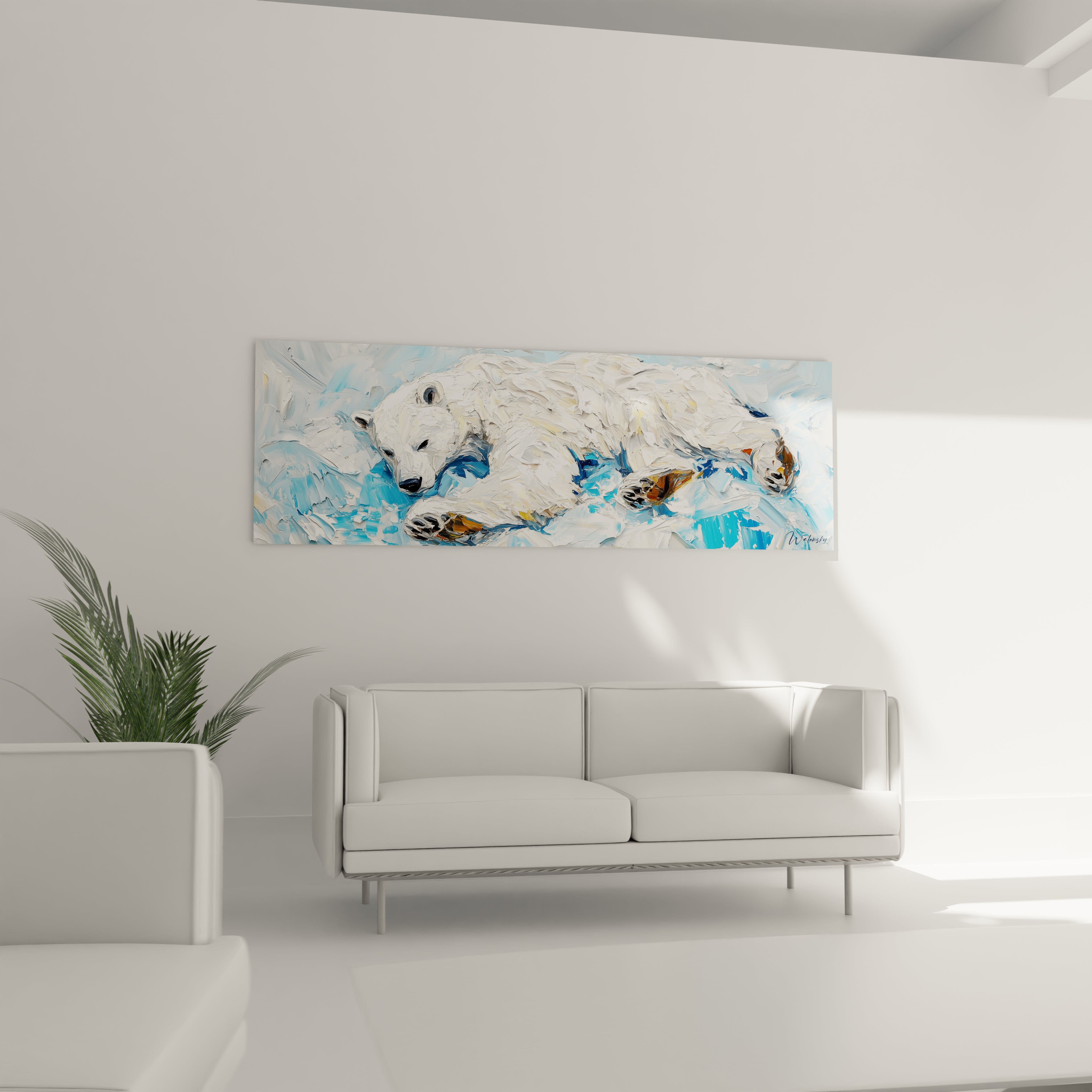Tableau ours polaire Walensky peint à la main suspendu au-dessus d'un canapé blanc dans un salon moderne