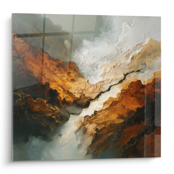 Schilderij berglandschap in oker- en beigetinten met centrale rivier - Harmonie van de Aarde - Feng Shui Noord-Oost Aarde Editie