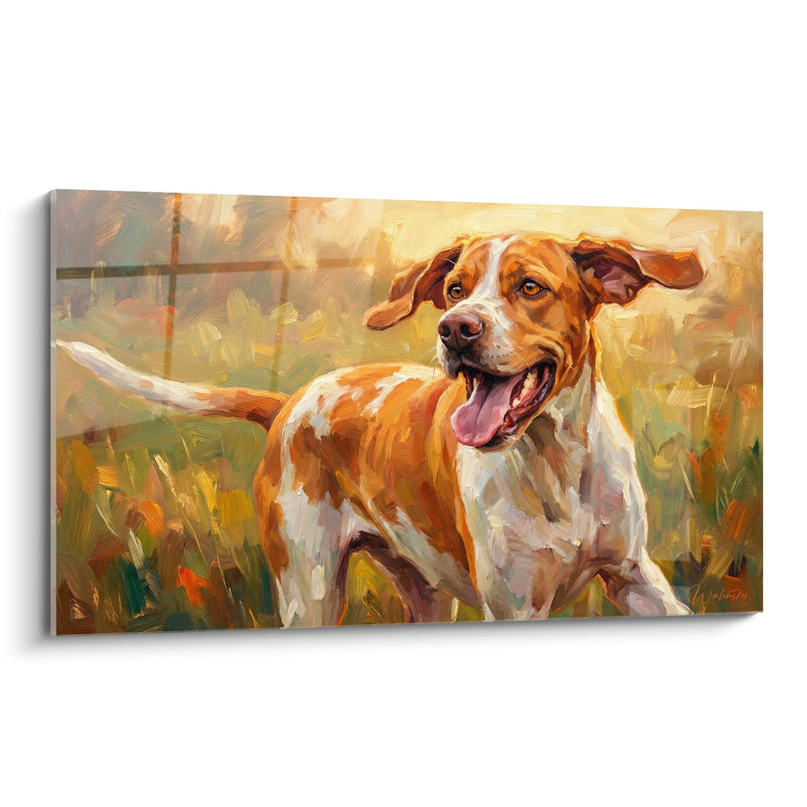 Tableau Chien Roux et Blanc Langue Sortie dans Prairie Dorée - Joie Canine - Edition Pointer Anglais