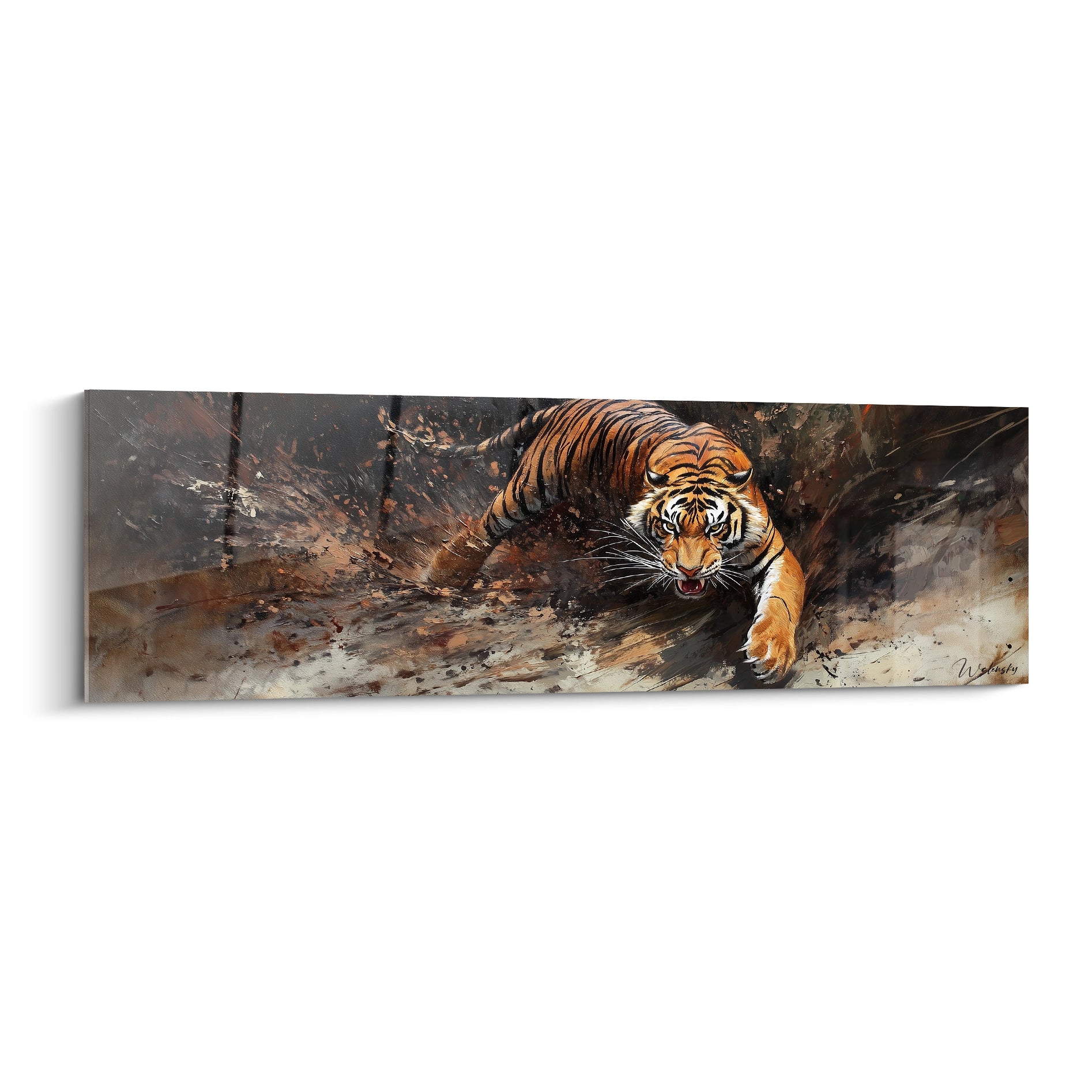 Tableau tigre Walensky représentant un tigre en mouvement dans un style artistique dynamique