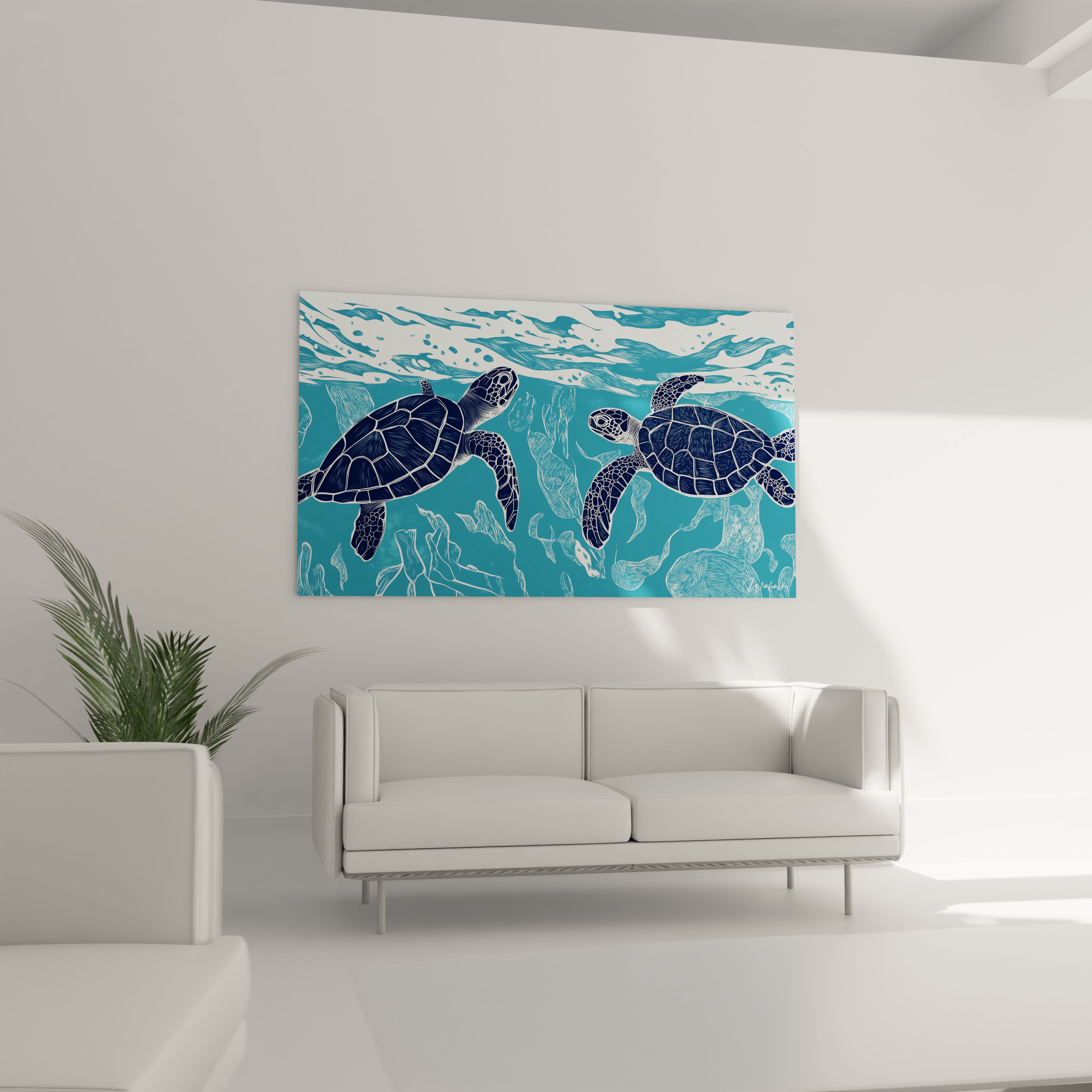 Tableau tortue de mer Walensky avec deux tortues nageant sous l'eau accroché dans un salon moderne
