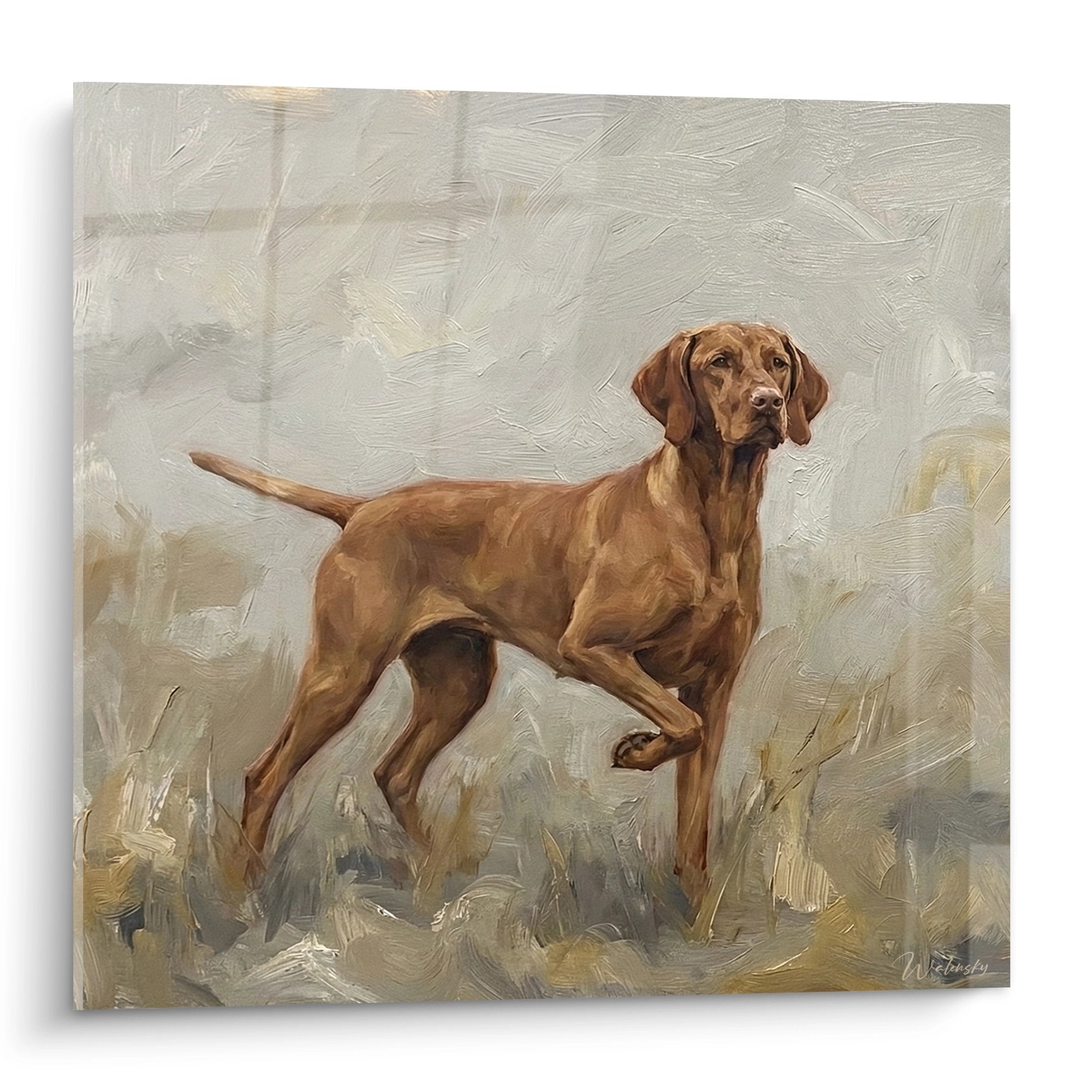 Peinture Vizsla roux en position d'arrêt sur fond beige, portrait élégant de chien de chasse hongrois