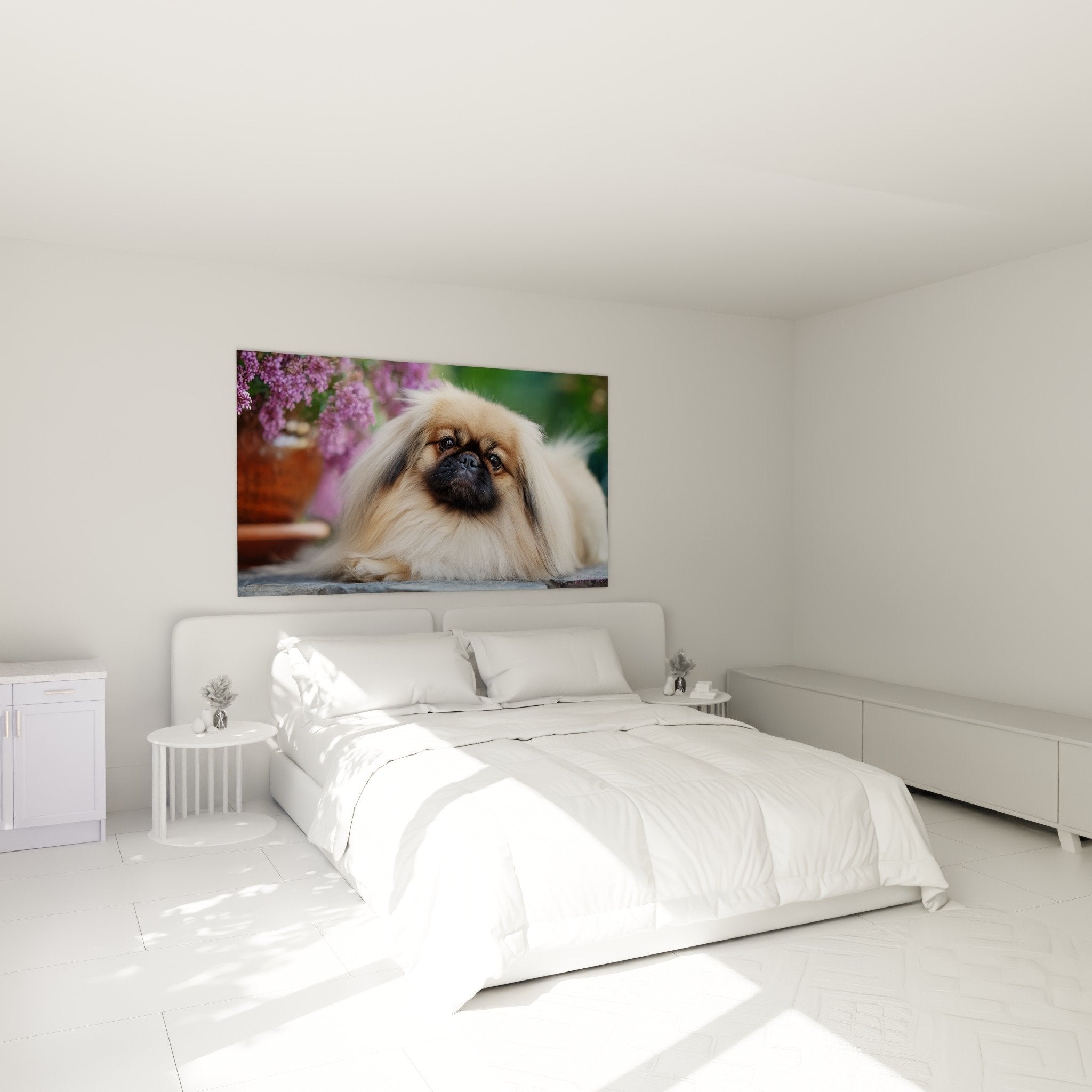 Tableau pekinois dore chambre decoration murale ambiance douce romantique fleurs violettes