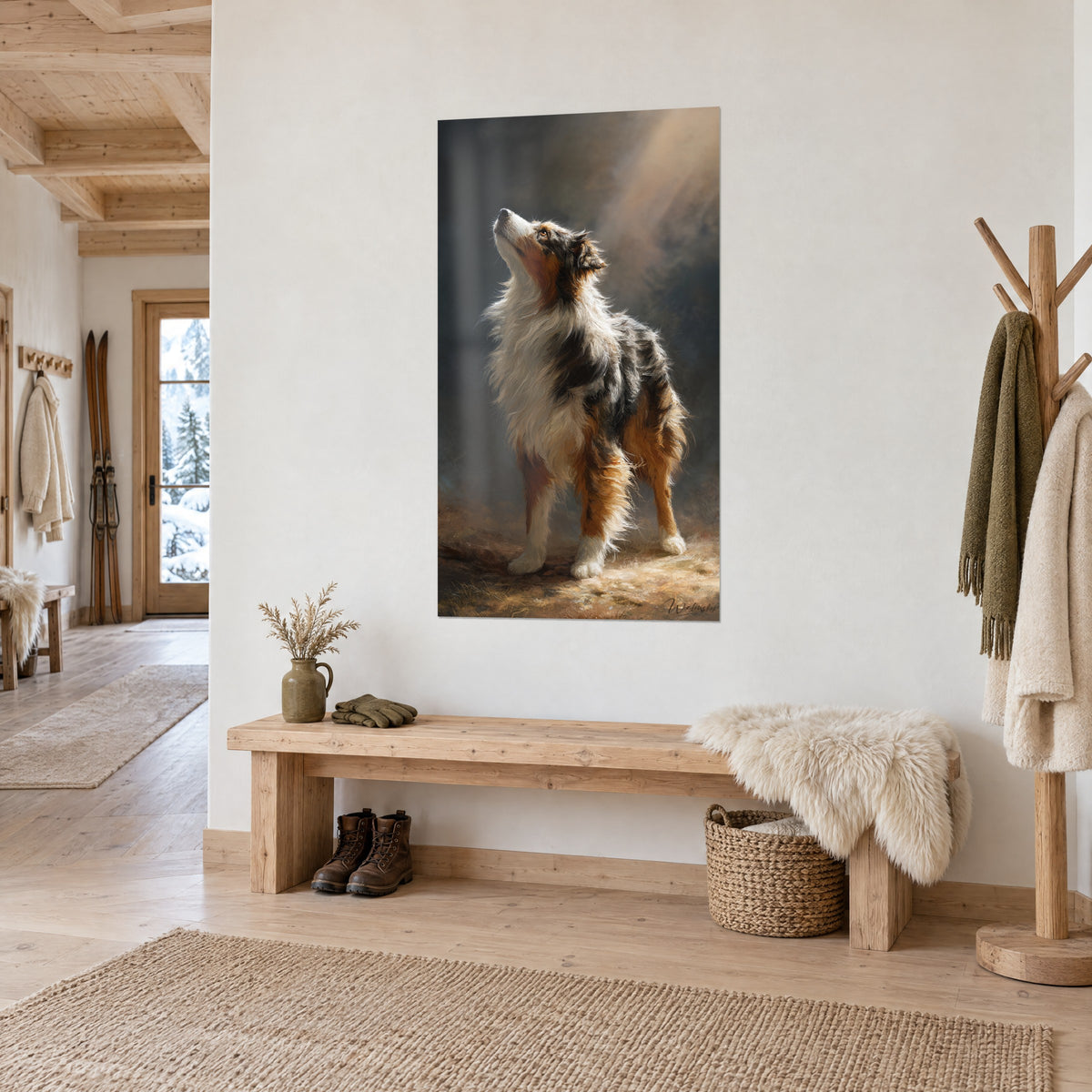 Wall art dog with muzzle raised toward the light, cream and russet fur on a midnight blue background, in the entrance of a chalet