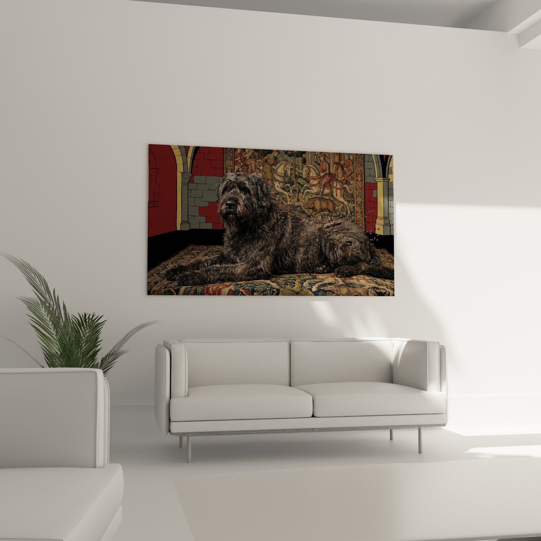 Primo piano del mantello grigio-marrone del Bovaro delle Fiandre su tappeto persiano con dettagli texture motivi orientali tradizionali