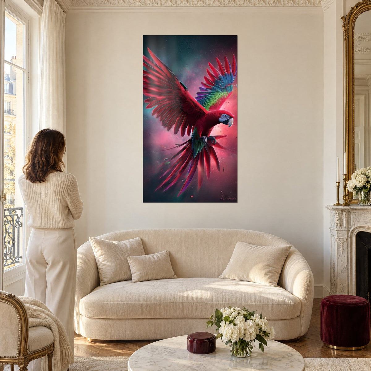 Tableau ara écarlate aux ailes grandes ouvertes sur nébuleuse rose et turquoise, au-dessus d'un canapé dans un salon lumineux
