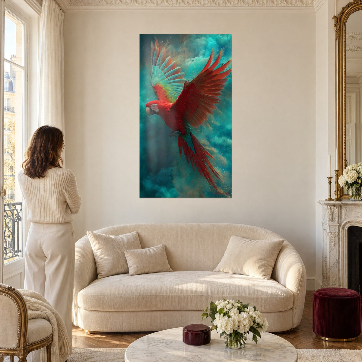 Gemälde eines scharlachroten Aras mit ausgebreiteten Flügeln vor türkisfarbenem Himmel, Rückansicht einer Frau über einem Sofa in einem hellen Wohnzimmer