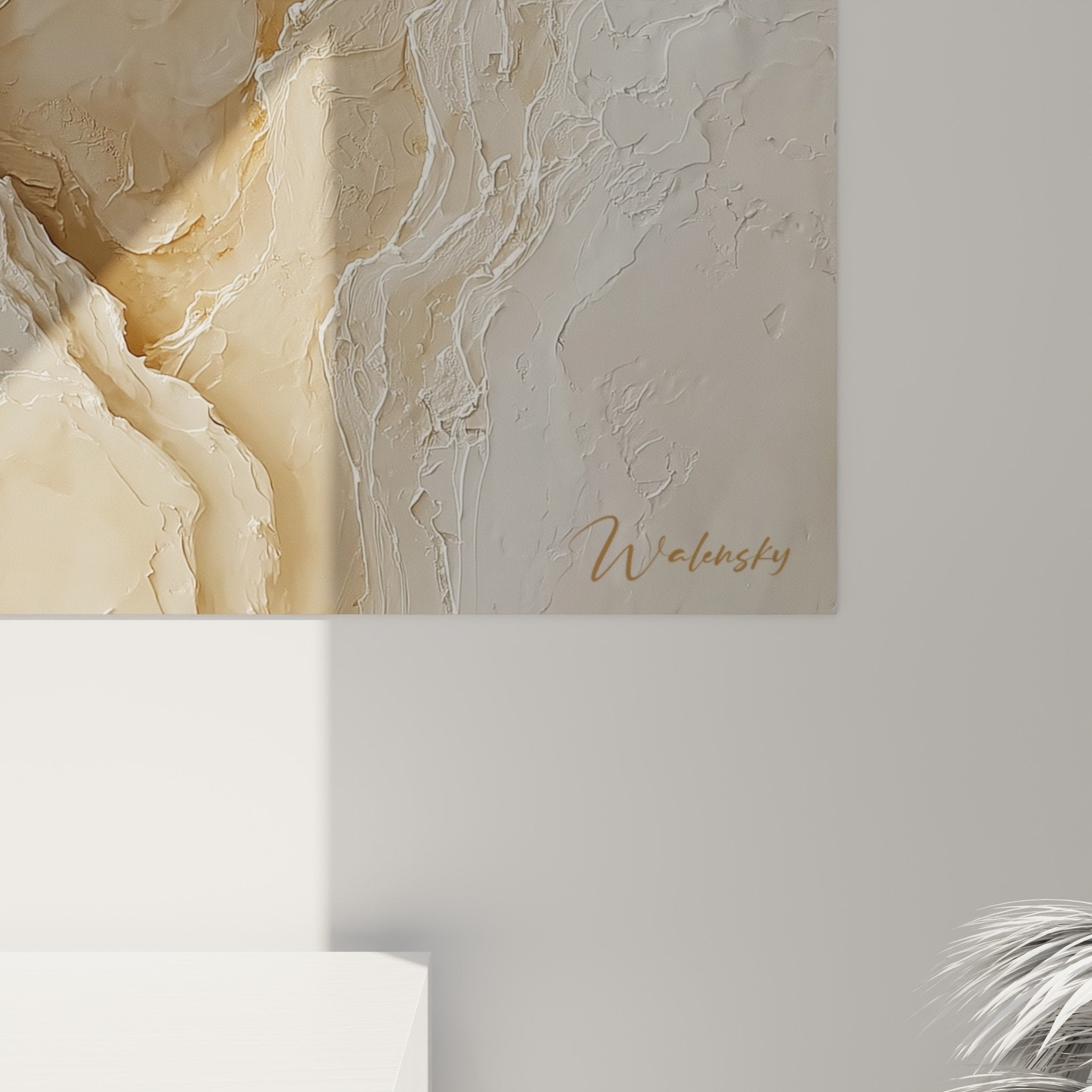Perspective view of textured abstract beige painting - Modern wall artwork in earthy tones