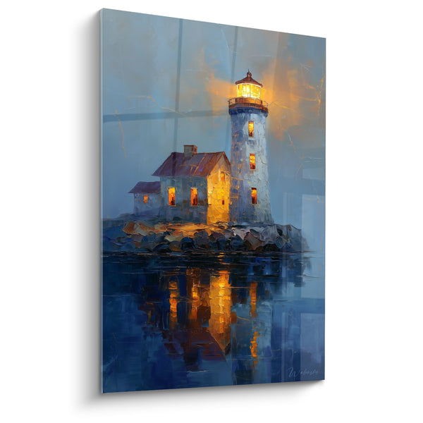 Schilderij Verlicht Vuurtoren met Gouden Reflecties op Nachtwater - Bewaker van de Stromen - Feng Shui Noord Water Editie