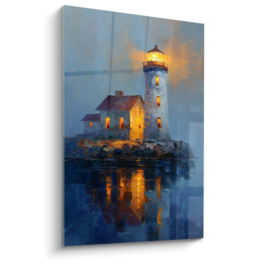 Tableau Phare Illuminé aux Reflets Dorés sur Eaux Nocturnes - Gardien des Flots - Edition Feng shui Nord Eau