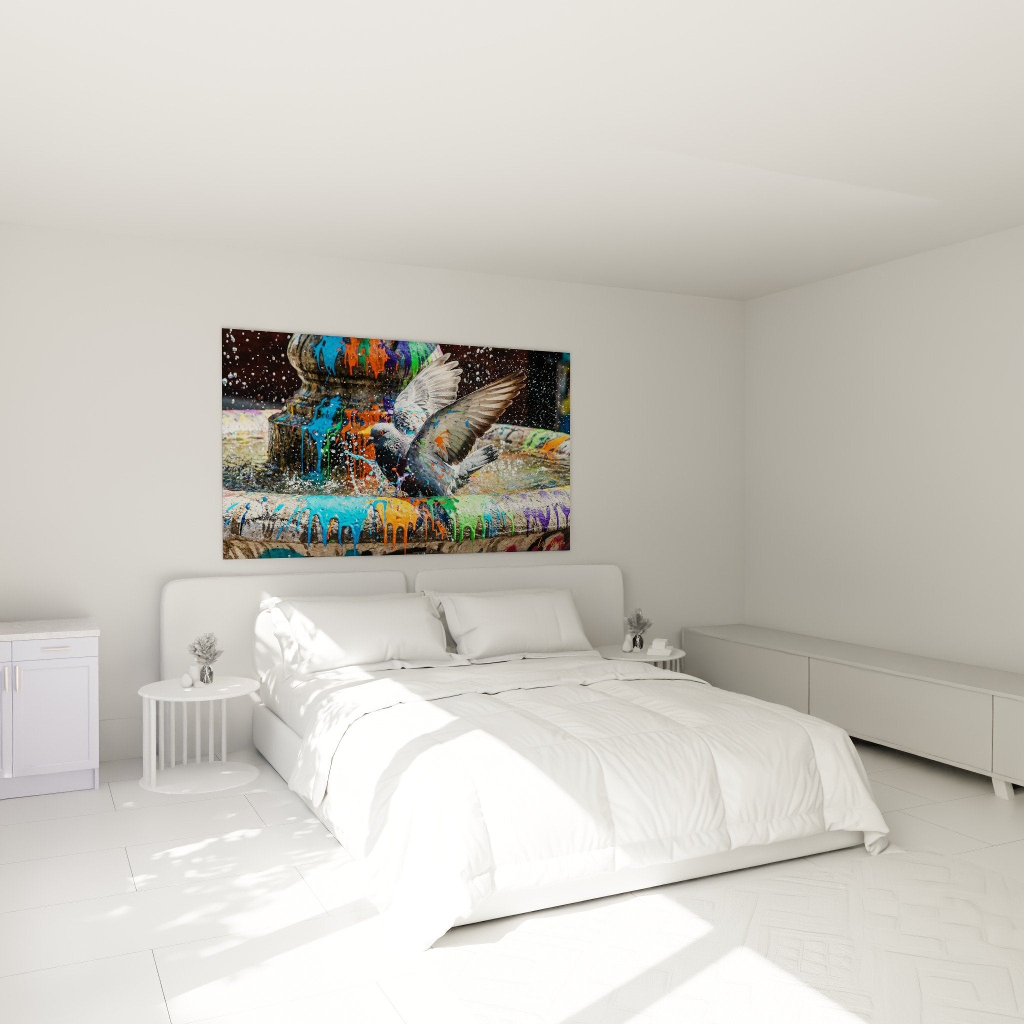 Künstlerisches buntes Tauben-Wandbild dekoriert modernes Schlafzimmer weiße Wand kreative zeitgenössische Atmosphäre