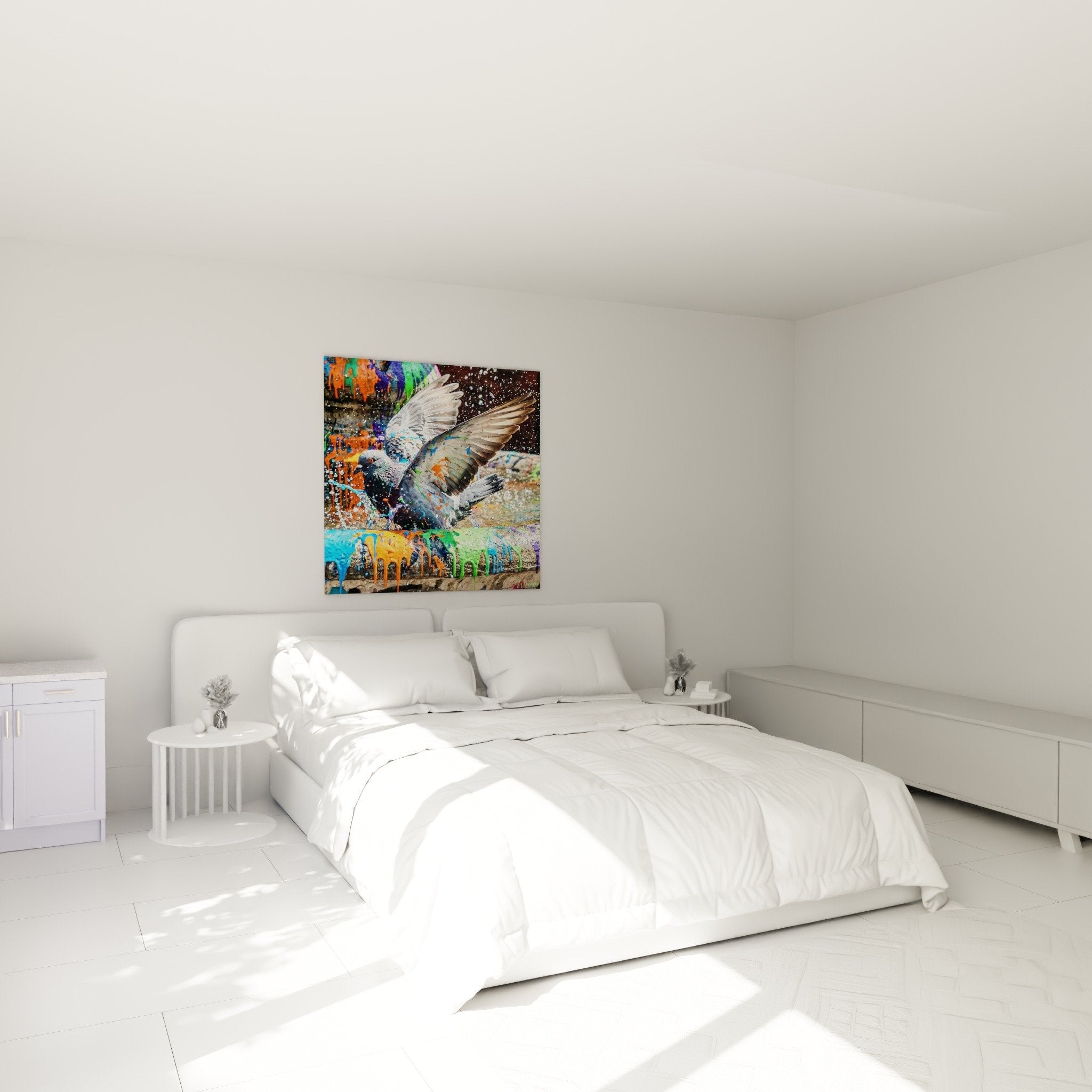 buntes graffiti-tauben-wandbild im modernen schlafzimmer urbane zeitgenössische wandkunst dekoration